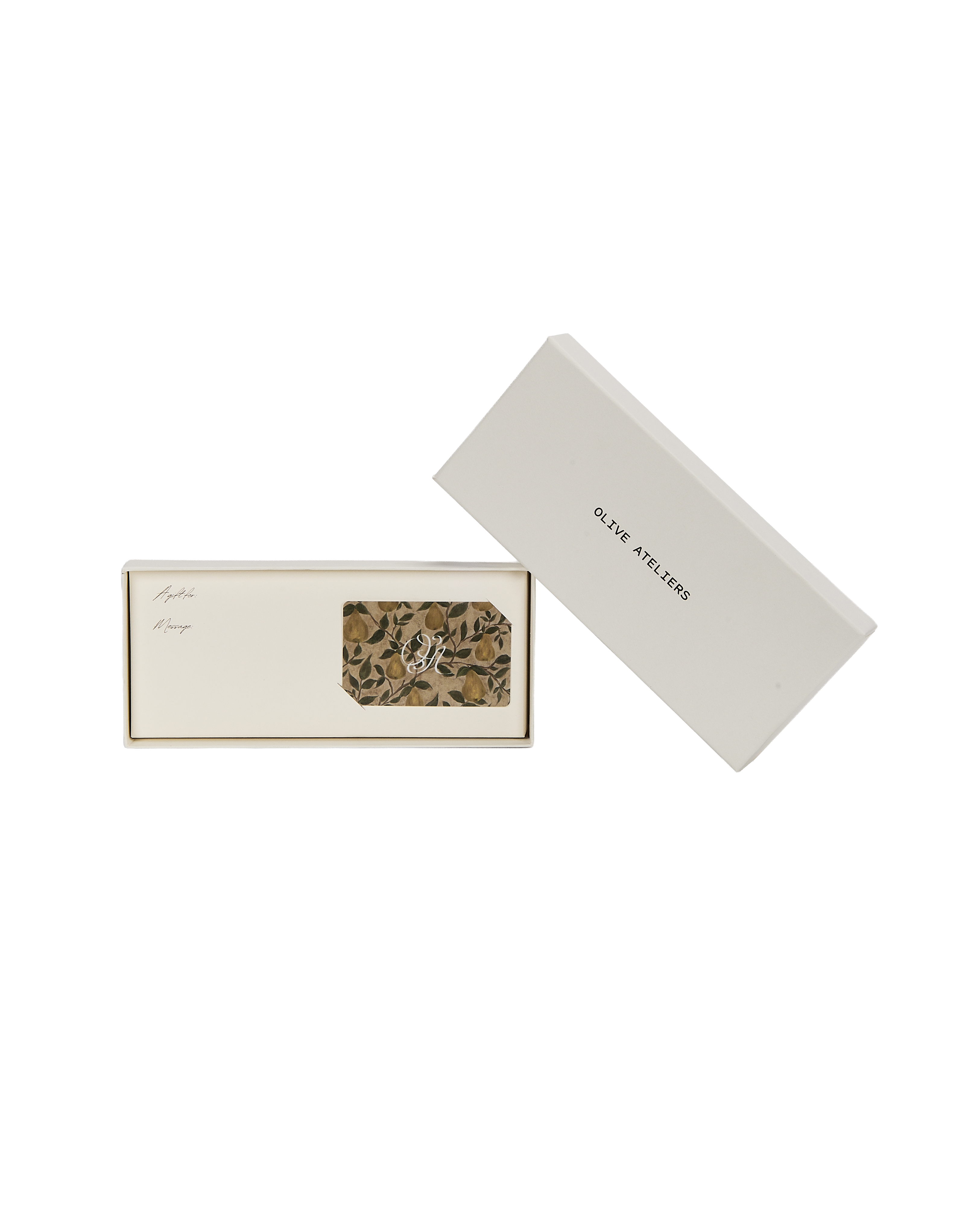 Bosc Pear gift card in its holder beside the box lid