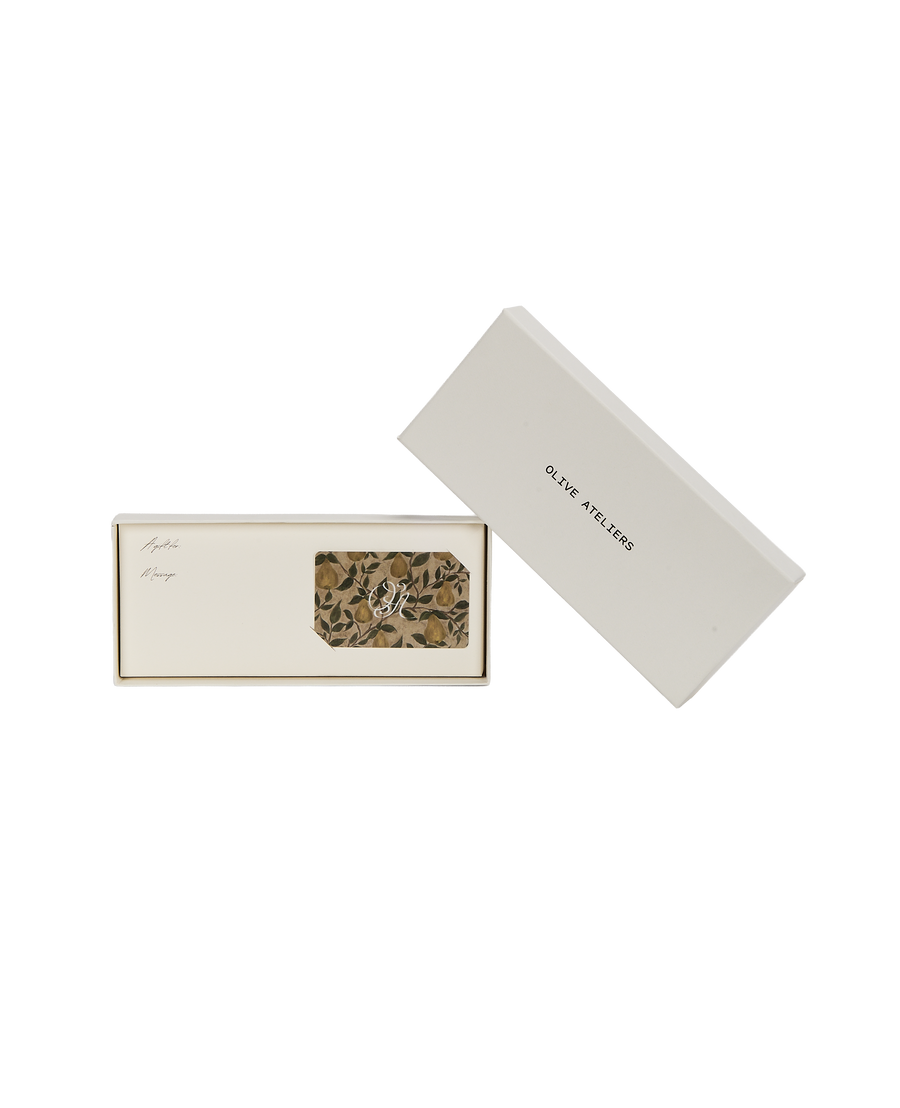 Bosc Pear gift card in its holder beside the box lid