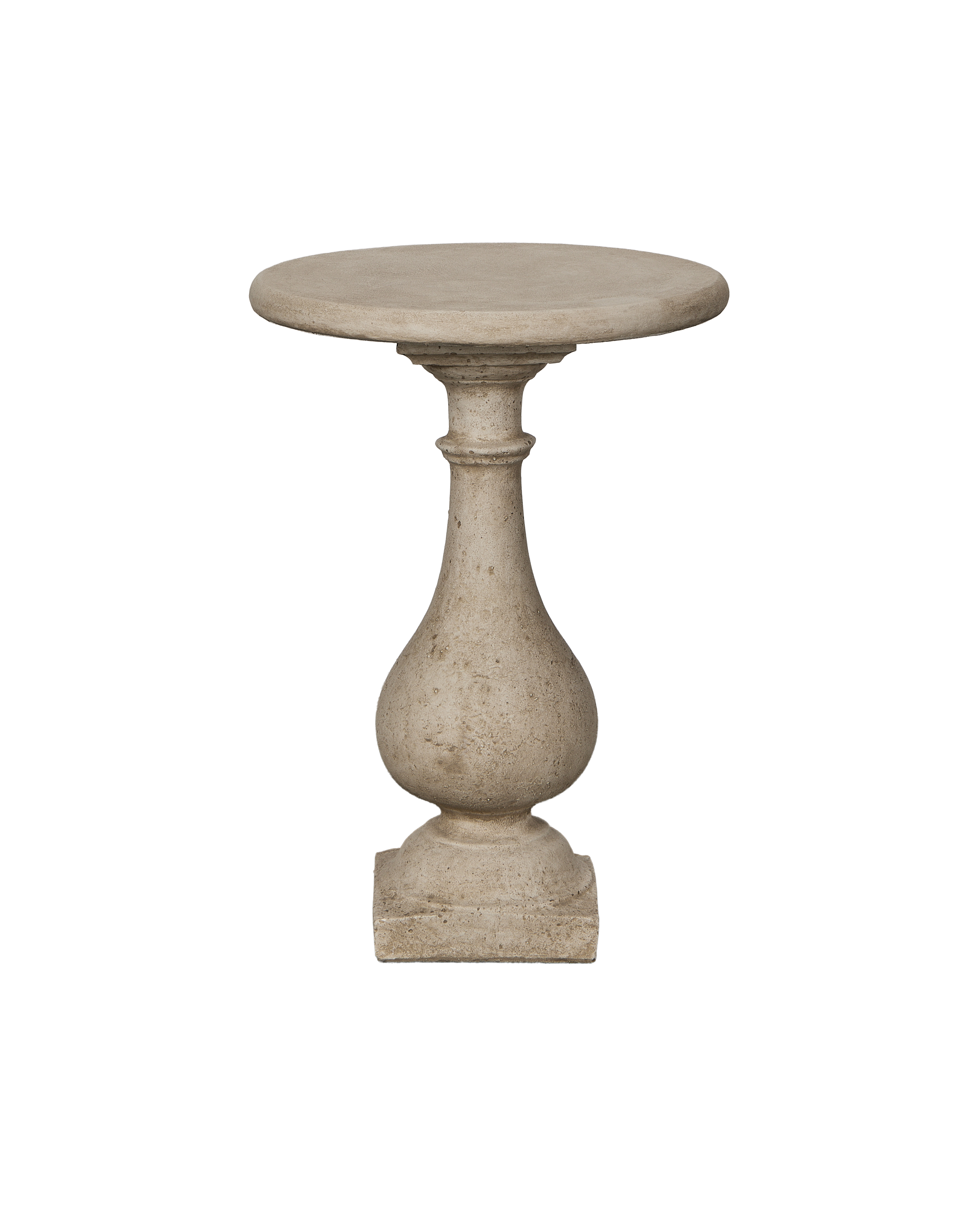 Reproduction cast concrete pedestal cocktail table, rustic grey finish, baluster column.
