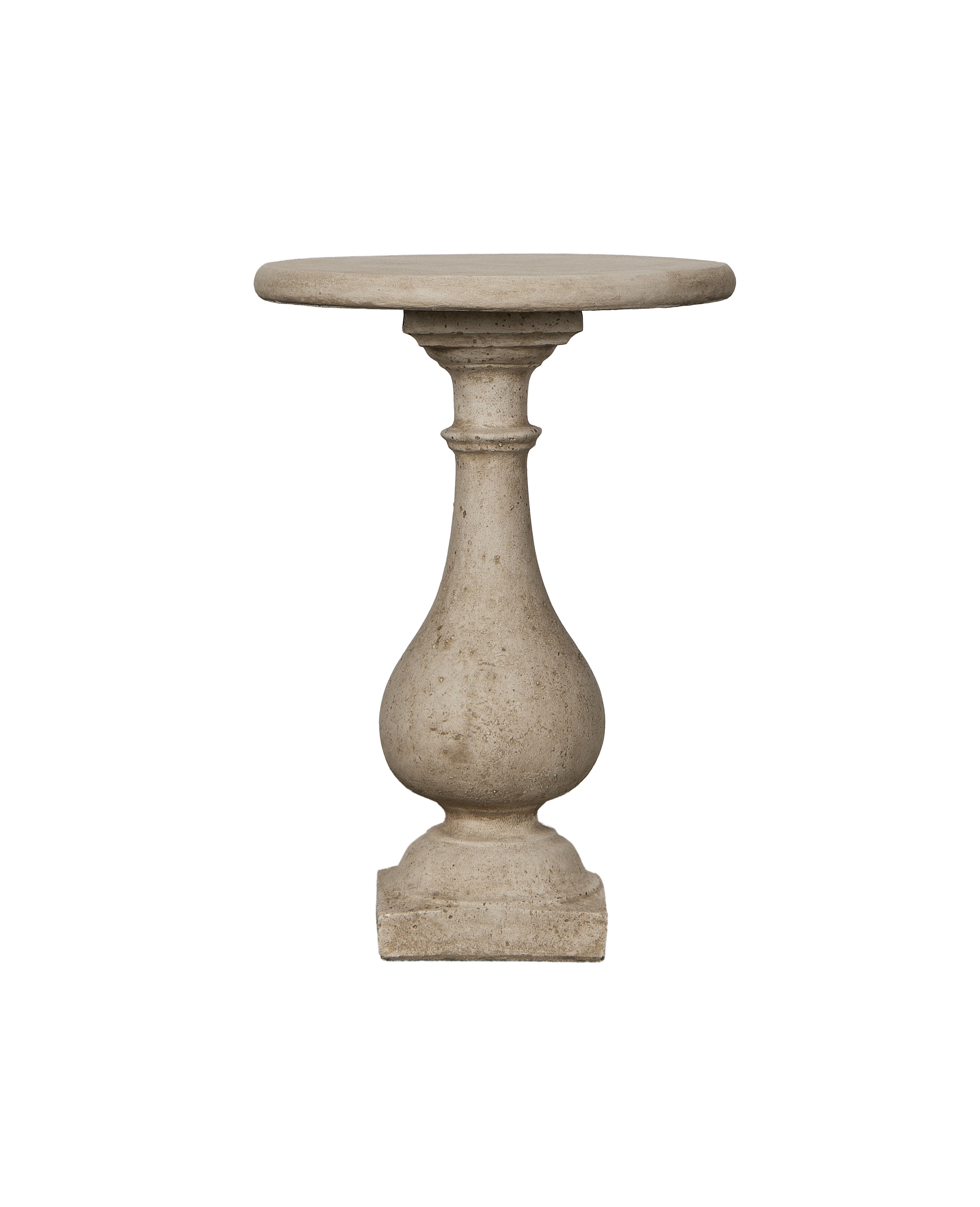 Reproduction cast stone cocktail table, classic pedestal baluster design, durable stone finish.