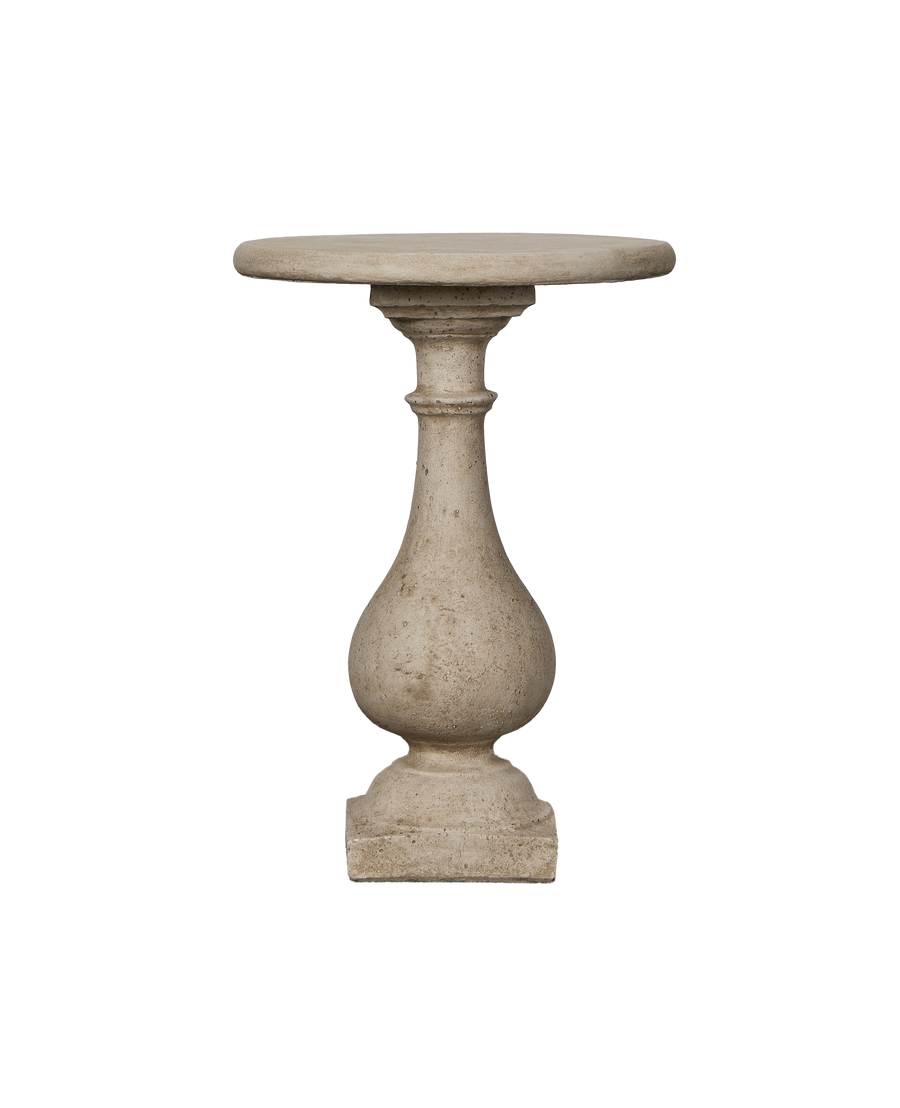 Reproduction cast stone cocktail table, classic pedestal baluster design, durable stone finish.