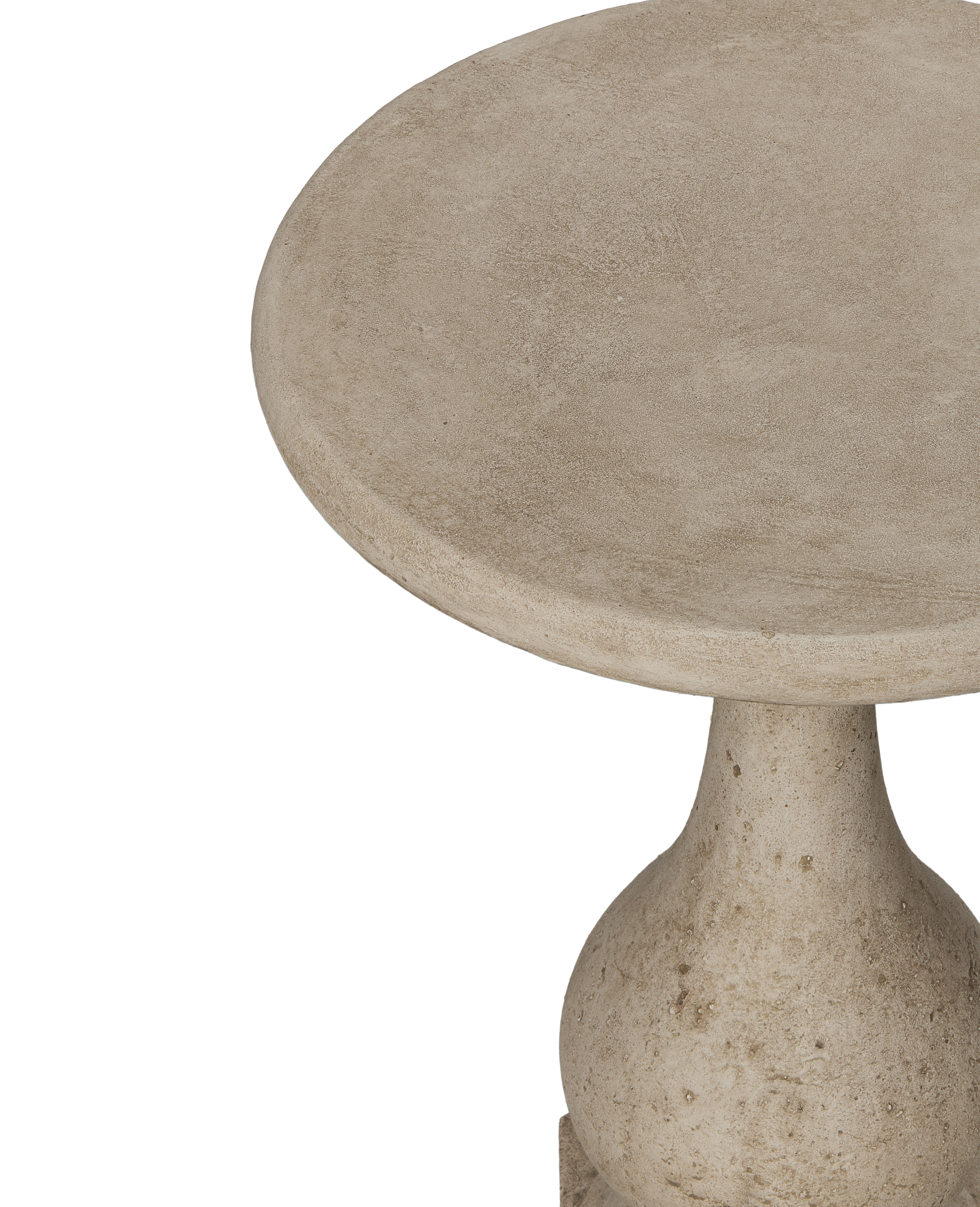 Round cast cement cocktail table, detailed view of textured surface and elegant pedestal base.