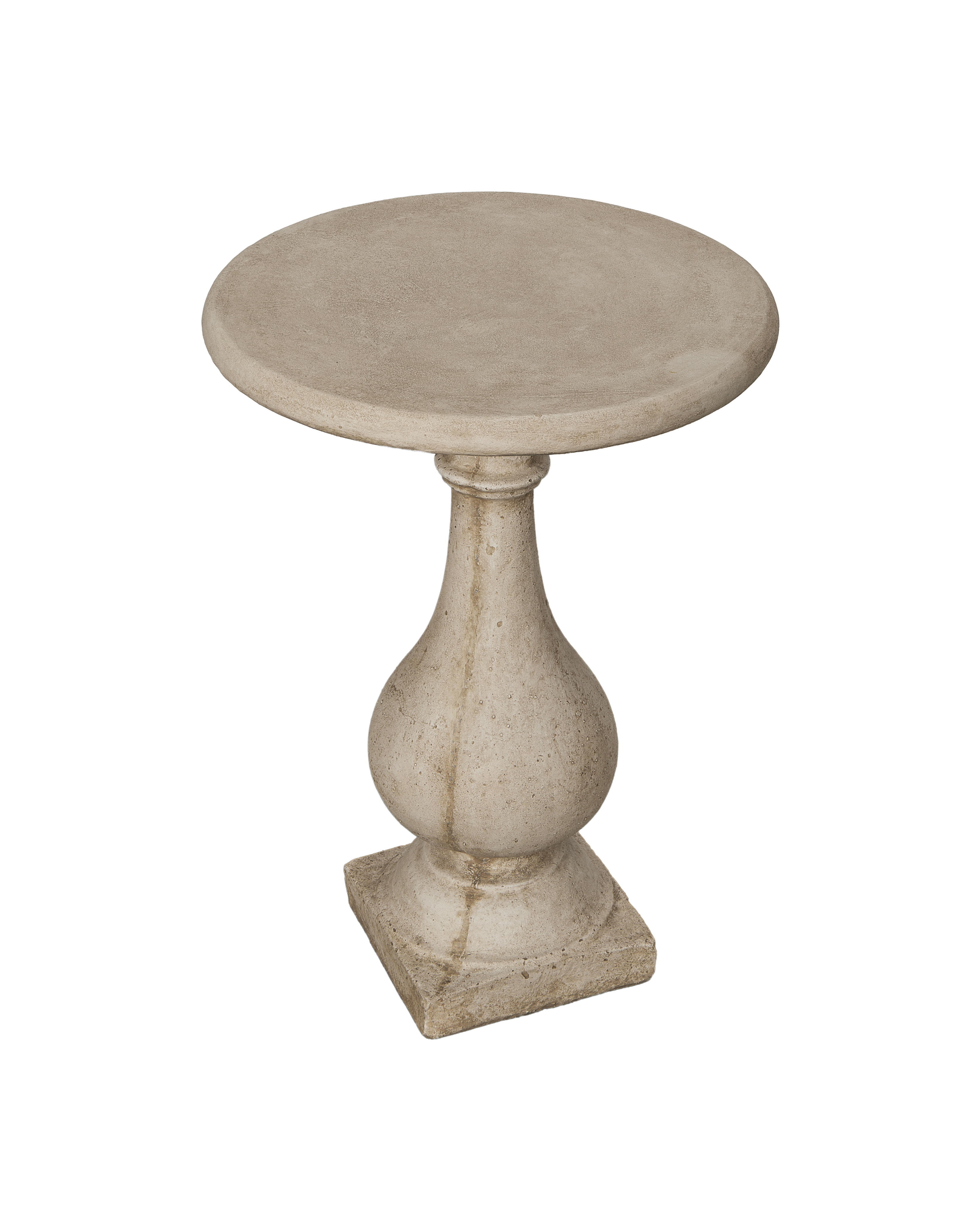 Reproduction cast cocktail table, side view emphasizing base and concrete texture.