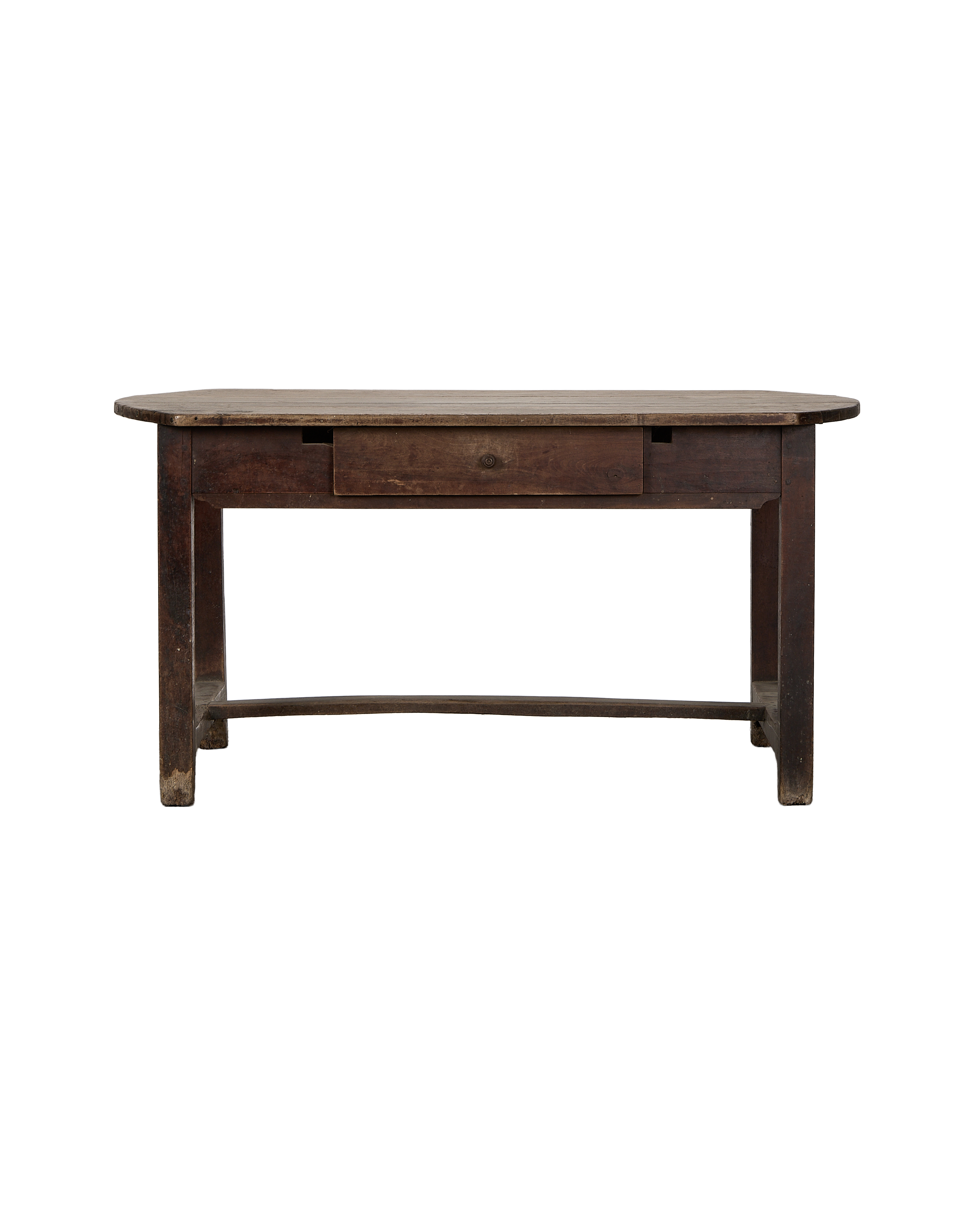 Vintage French oak dining table with curved edges, single drawer, and rustic wood grain.