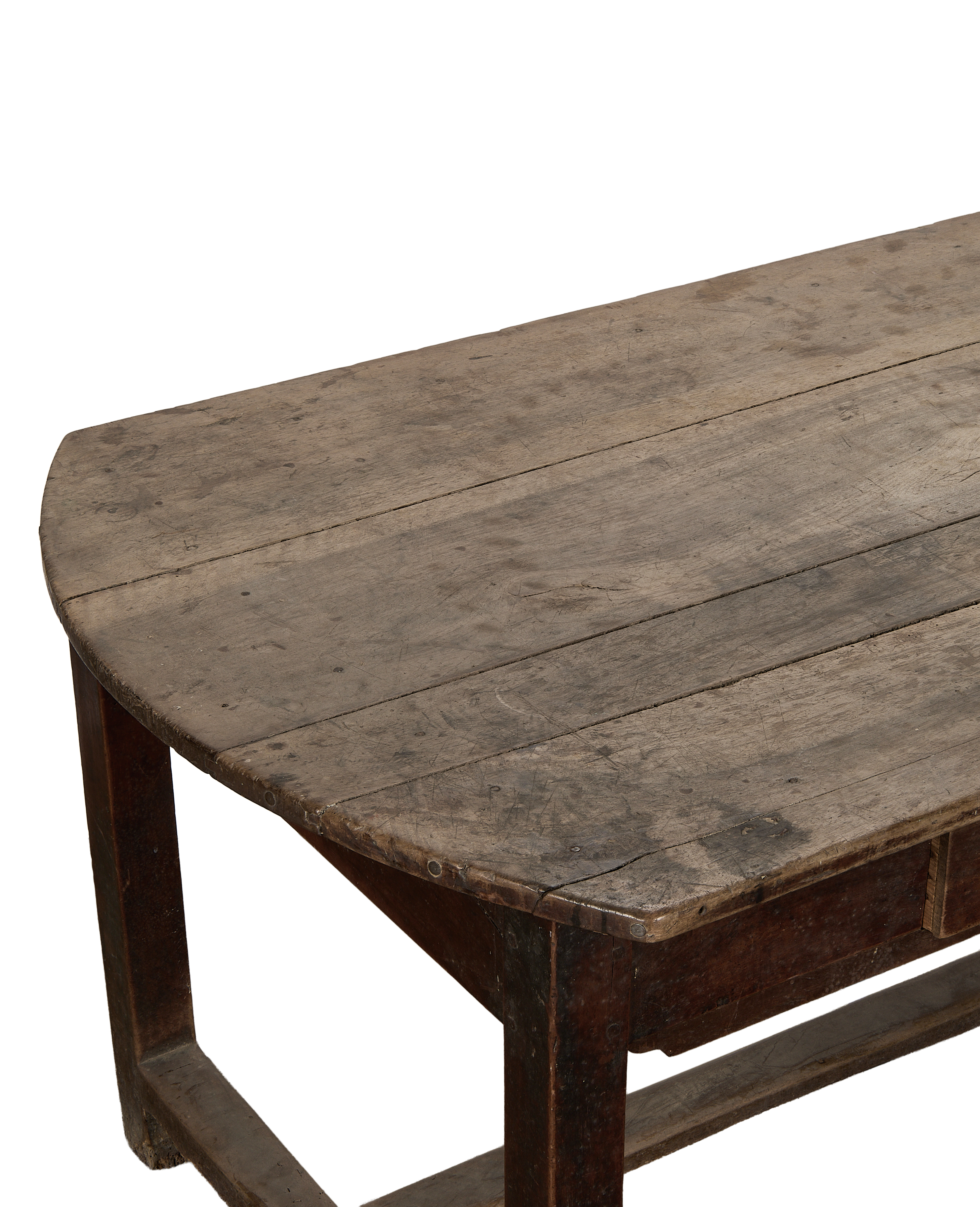 Vintage French oak curved dining table, aged wood grain detail of tabletop.