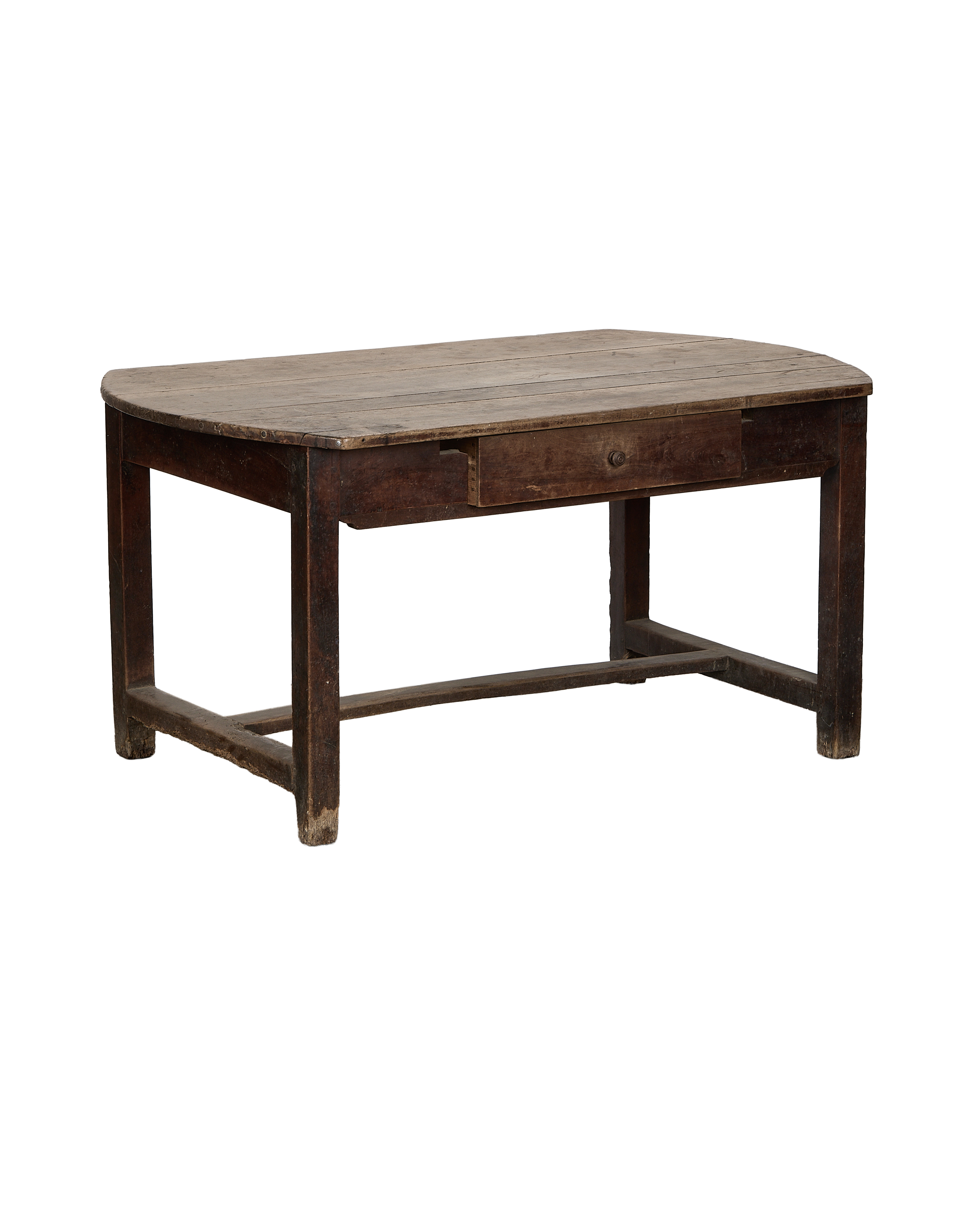 Vintage French oak dining table with curved ends, showing condition and detail of single drawer.