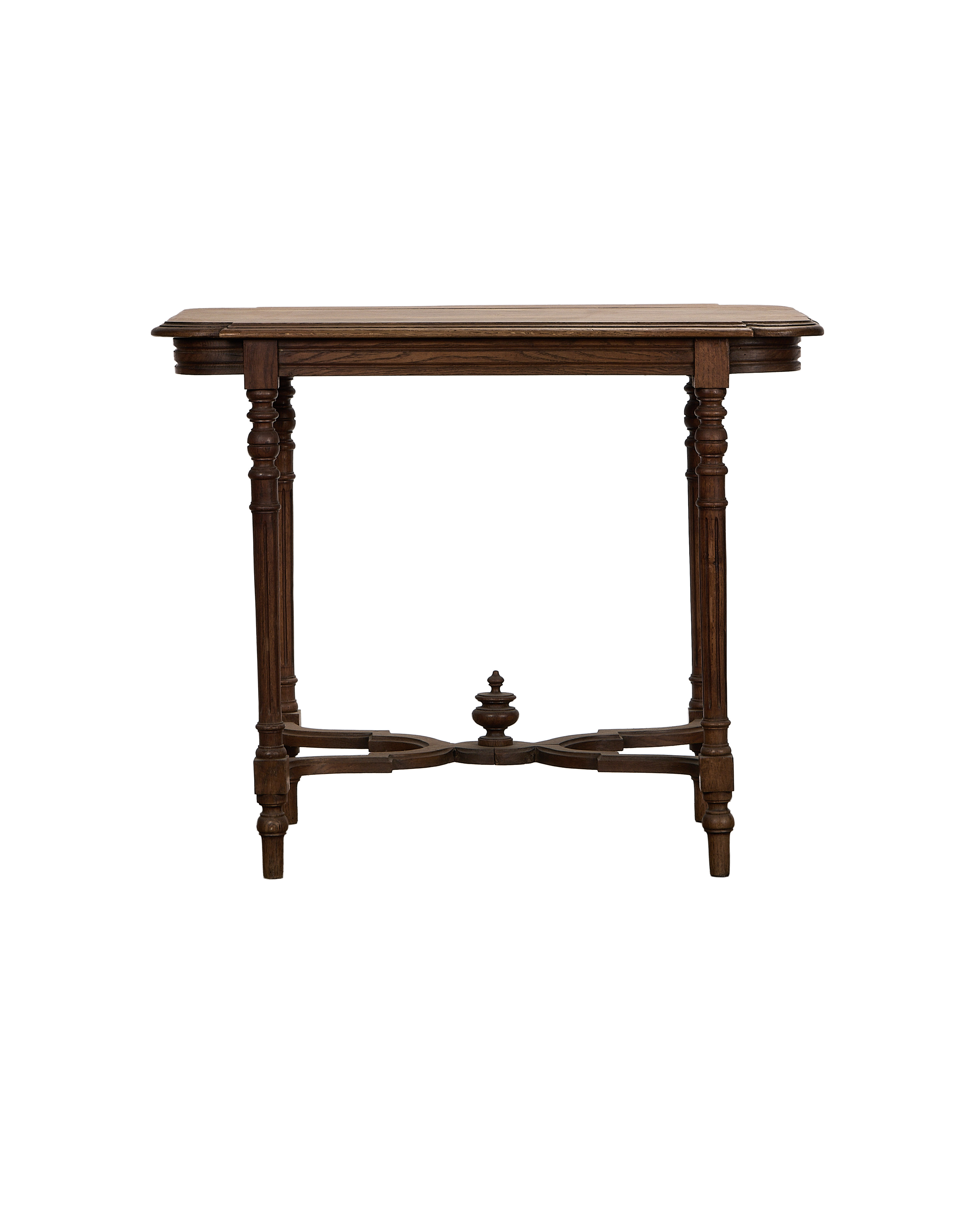 Vintage French Louis style oak table, side view, showing carvings and stretcher.
