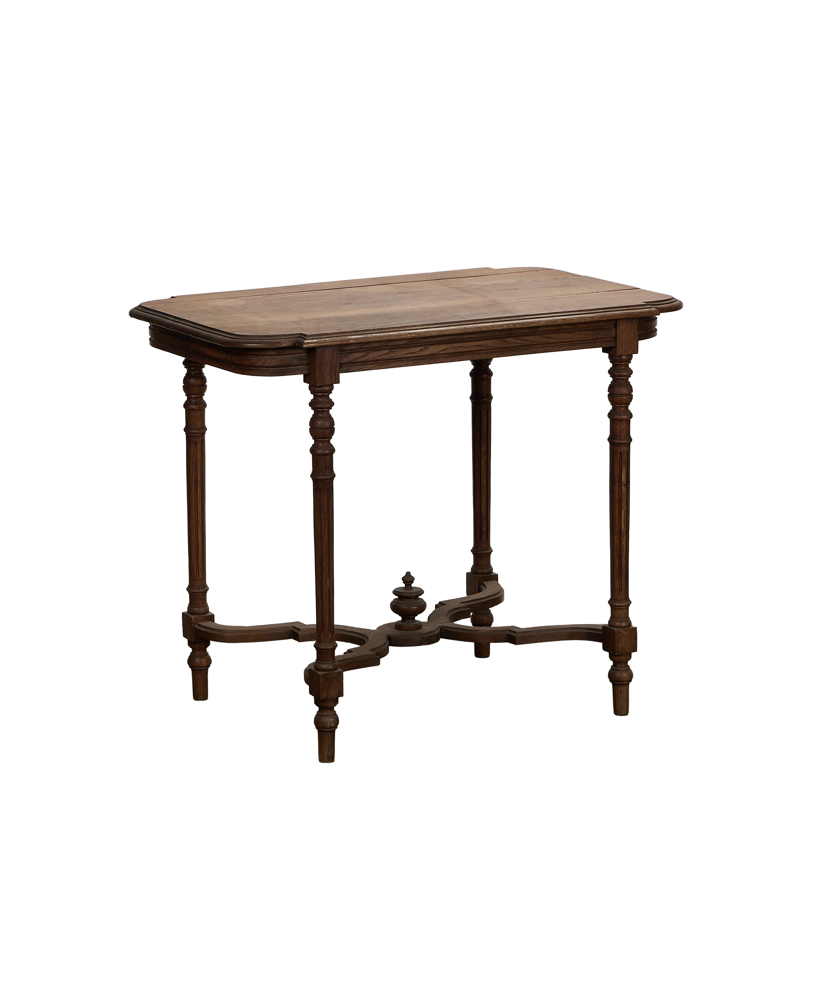 Vintage Louis French oak side table, medium-stained wood, exquisitely carved turned legs.