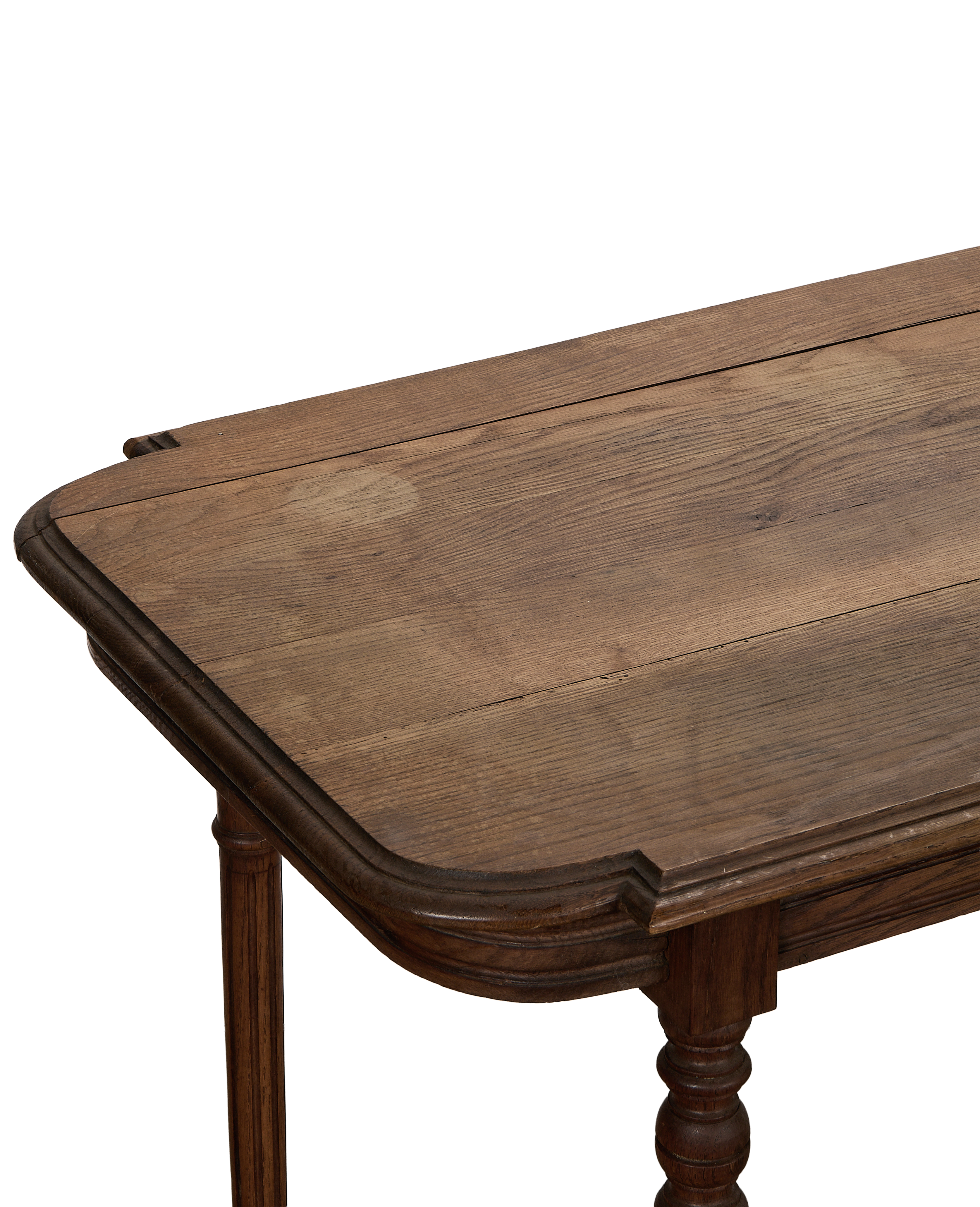 Vintage French Louis style oak table top with carved edge detail, showcasing grain and condition.