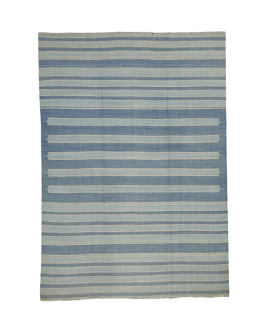 Vintage Dhurrie Rug - Blue and Gray Stripes from India made of Cotton