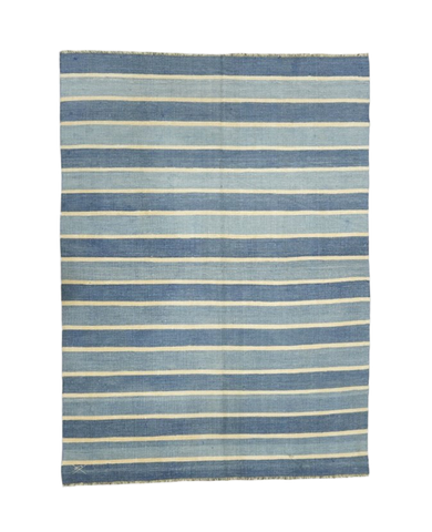 Vintage Dhurrie Rug - Blue Stripes and Yellow Accents from India made of Cotton