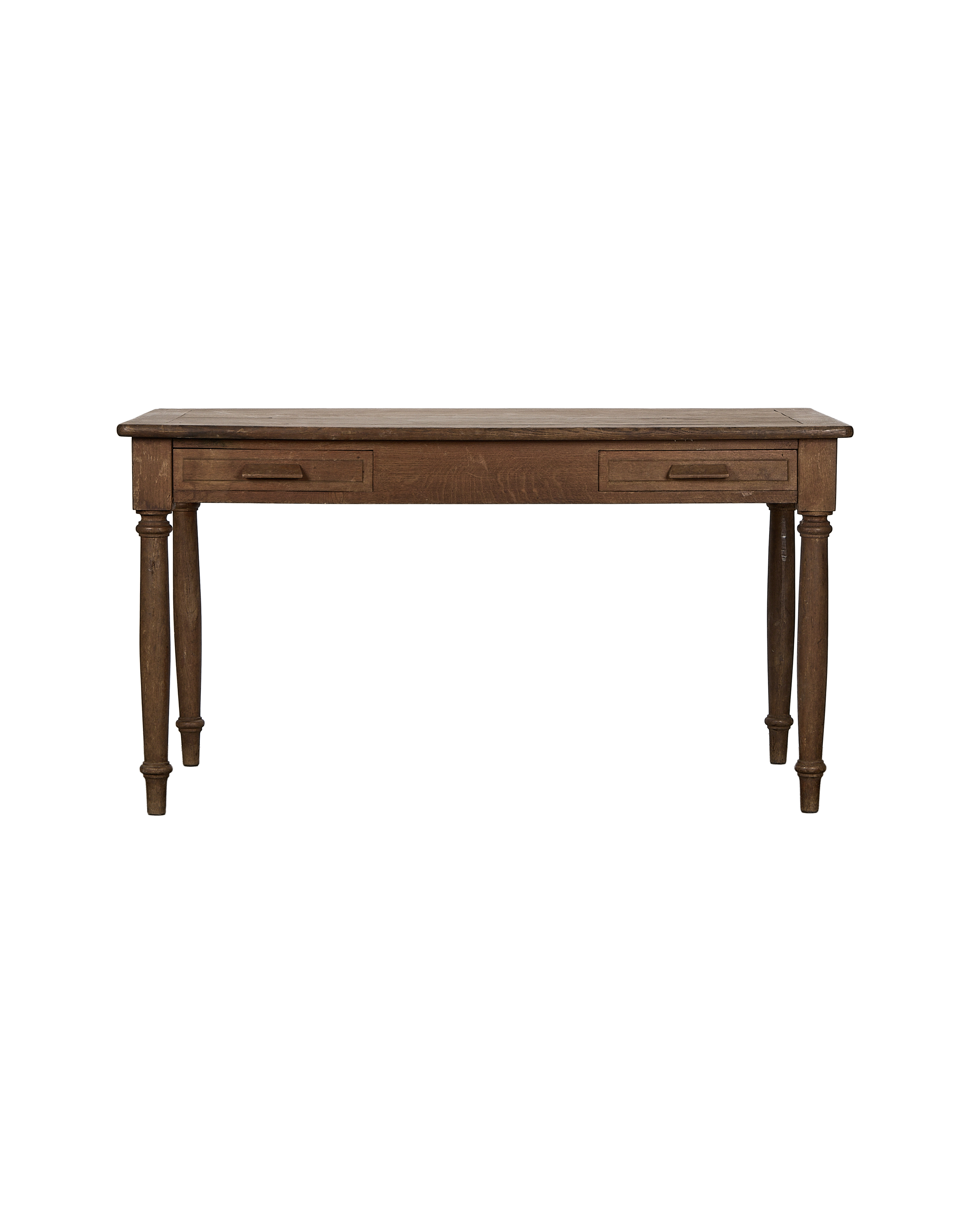 French vintage oak farm table, showing the two drawers and ornate turned legs.