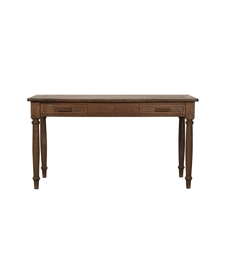 French vintage oak farm table, showing the two drawers and ornate turned legs.