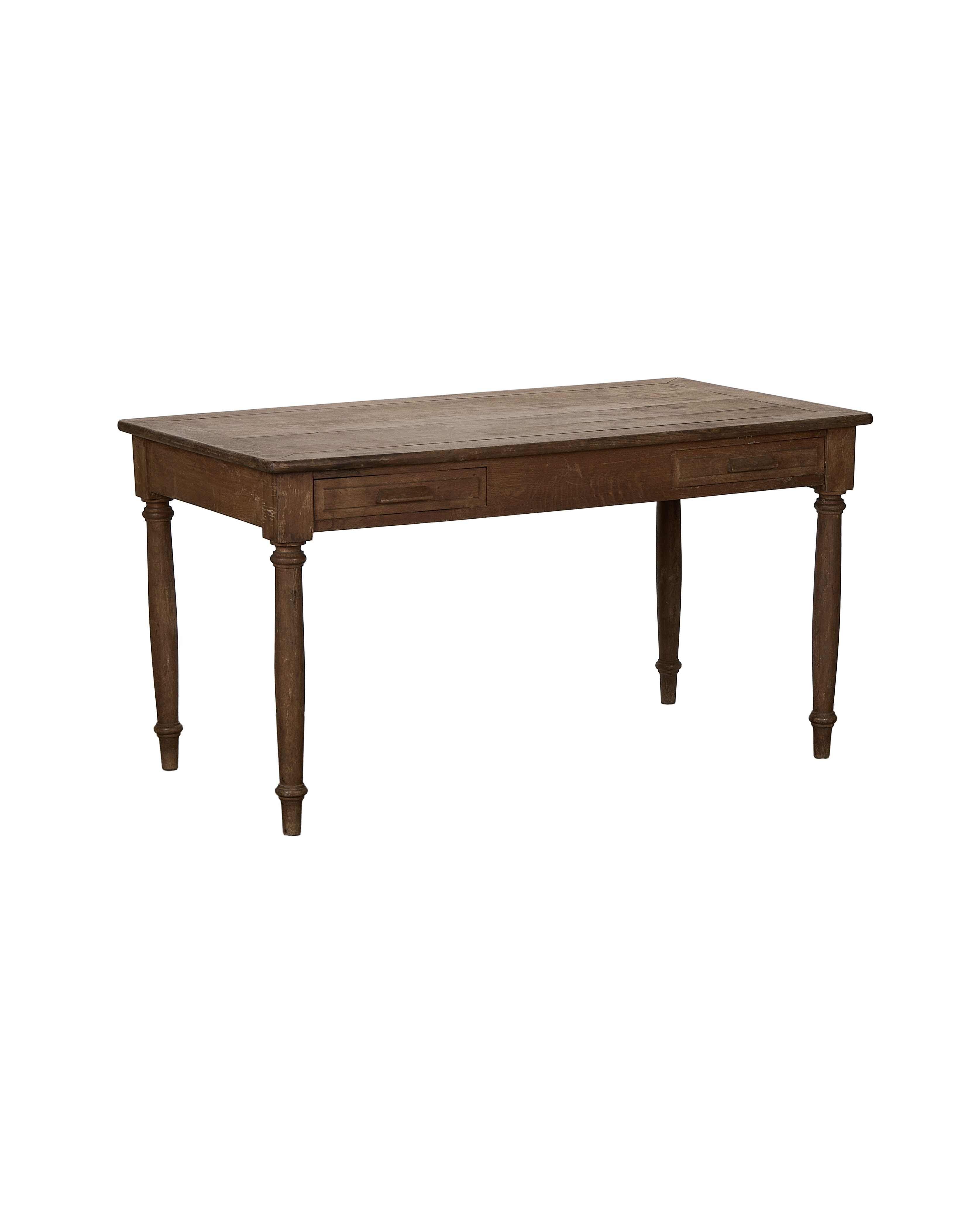 Vintage French oak farm table, light brown, featuring two drawers and four turned legs.