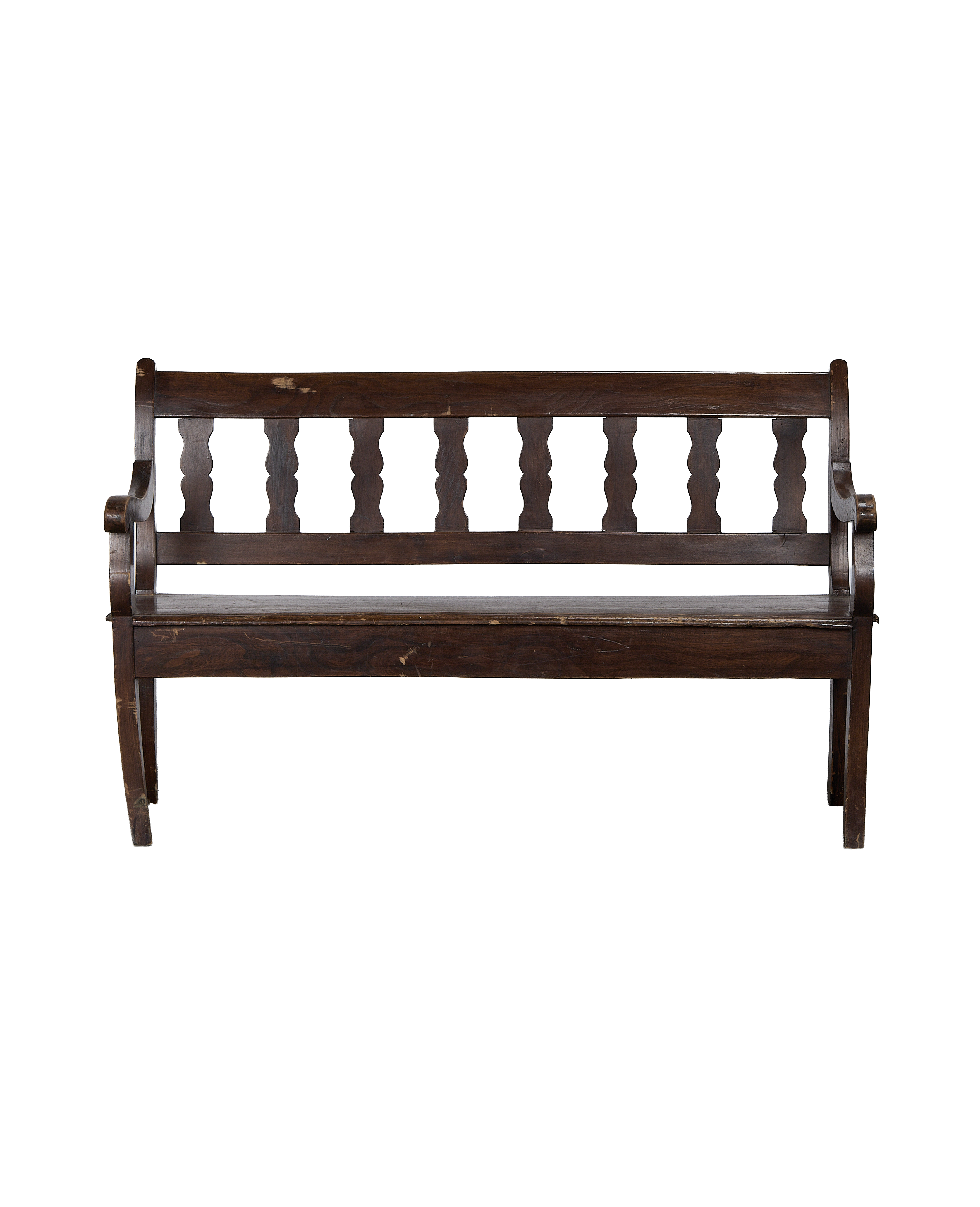 Vintage French oak sitting bench, front view, dark wood, minor wear.