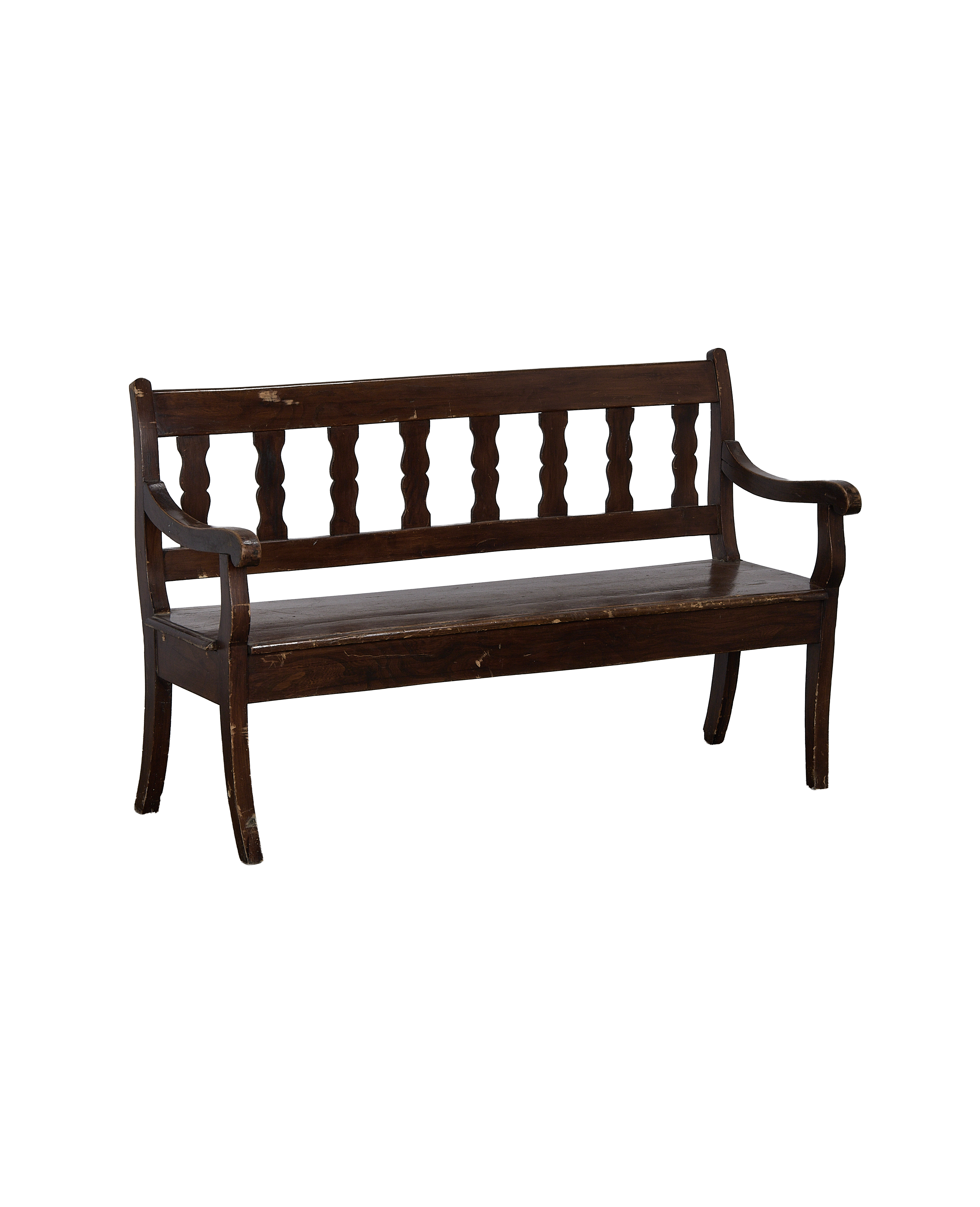 Vintage French oak sitting bench, dark finish, showing distressed paint details.