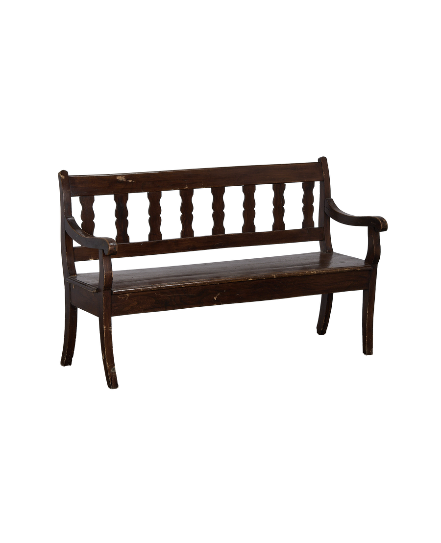 Vintage French oak sitting bench, dark finish, showing distressed paint details.
