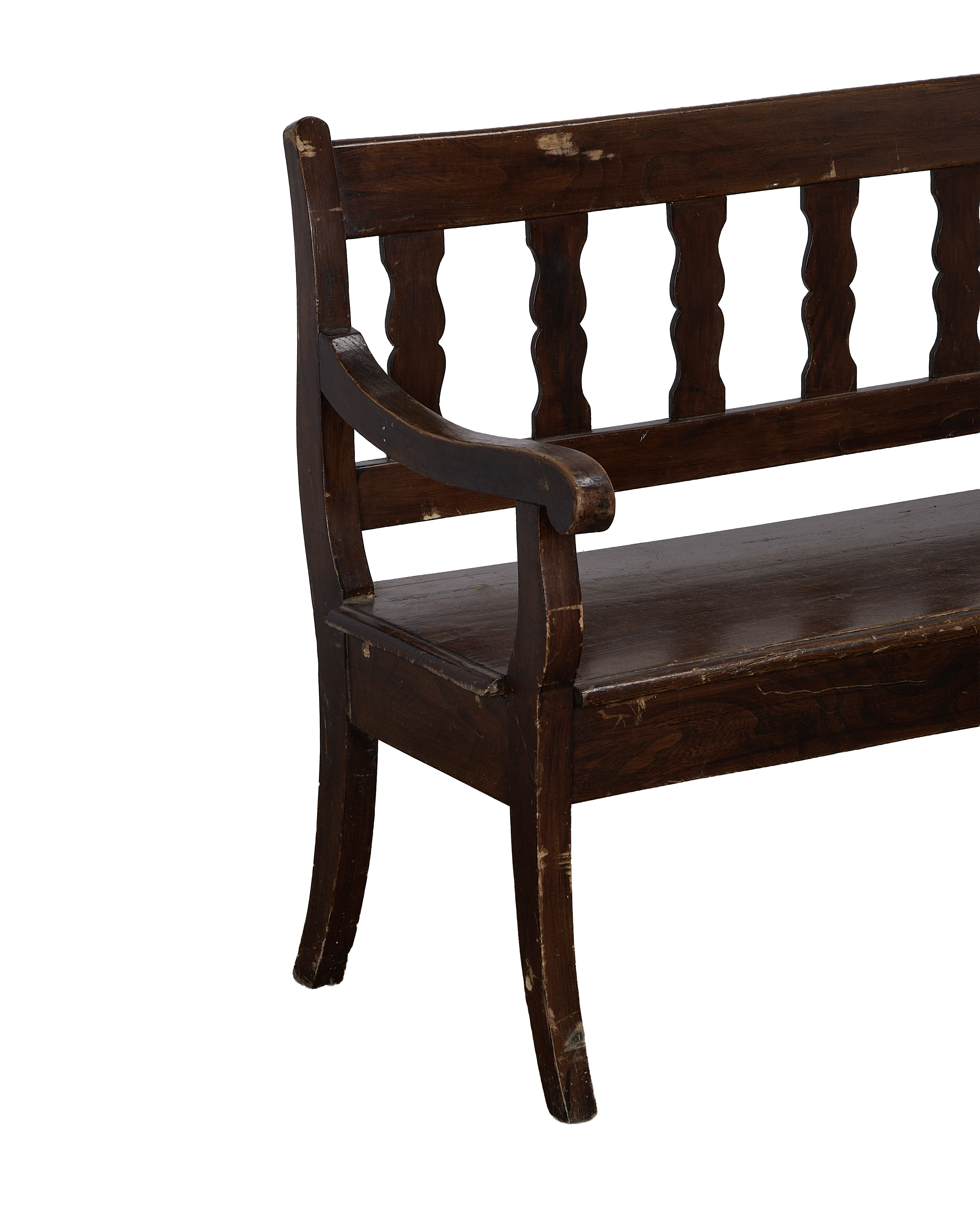 Vintage French oak sitting bench, showing distressed right armrest and seat details.