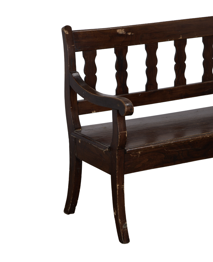 Vintage French oak sitting bench, showing distressed right armrest and seat details.