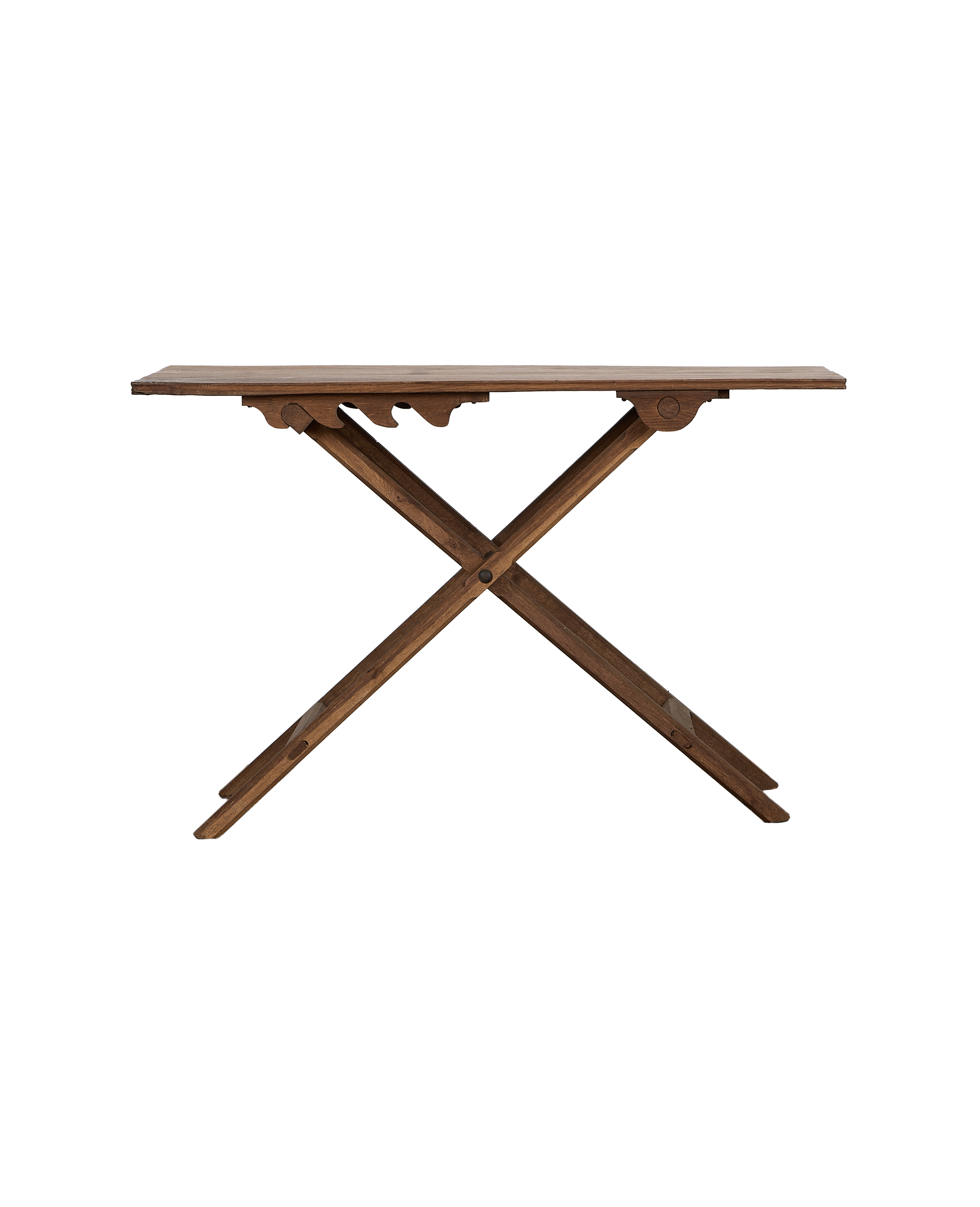 Vintage French oak adjustable wine table with intricate carved details on the X-shaped base.