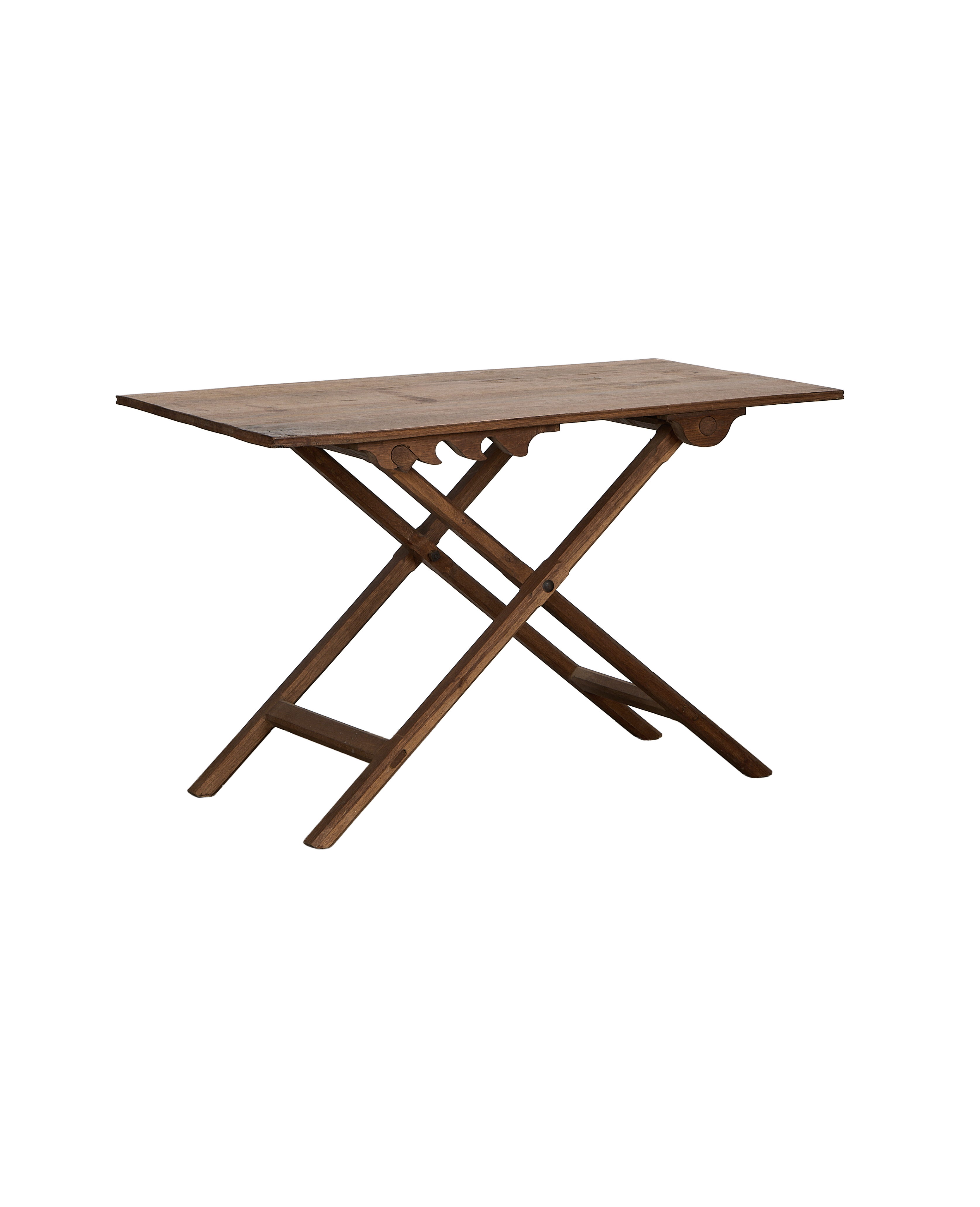 Vintage French adjustable oak wine table, showing hinged trestle legs and decorative carved skirting.