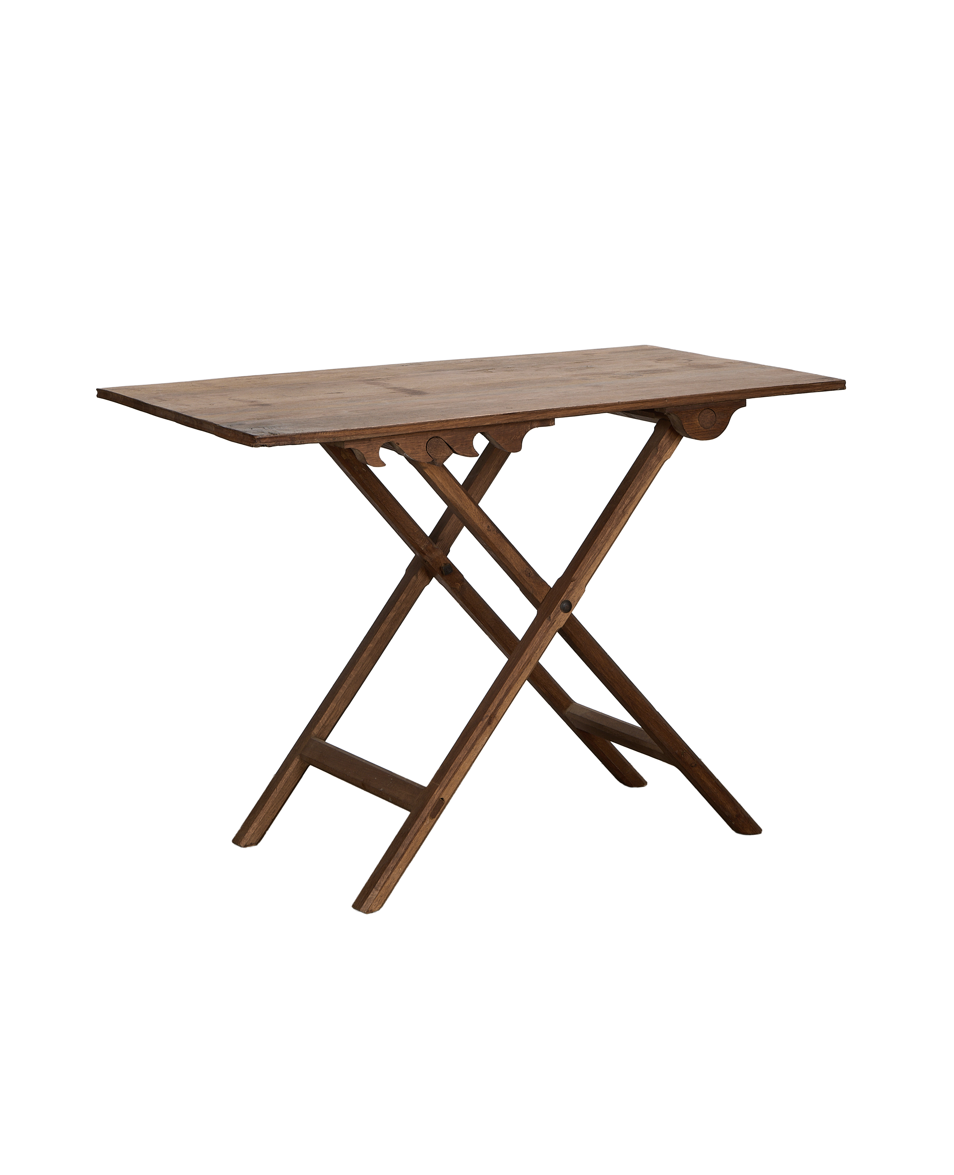 Vintage French adjustable height oak wine table, showing folding trestle base details.