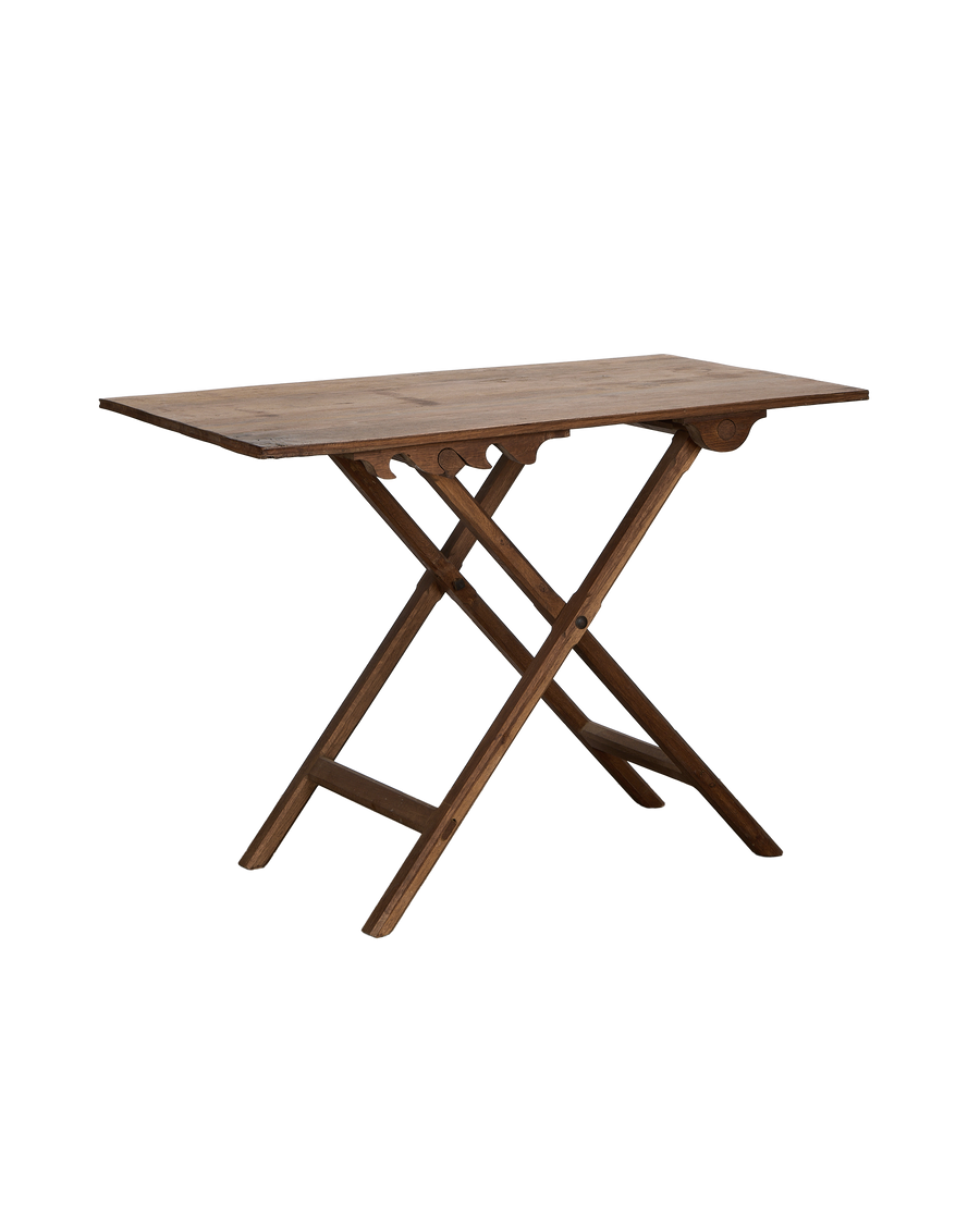 Vintage French adjustable height oak wine table, showing folding trestle base details.