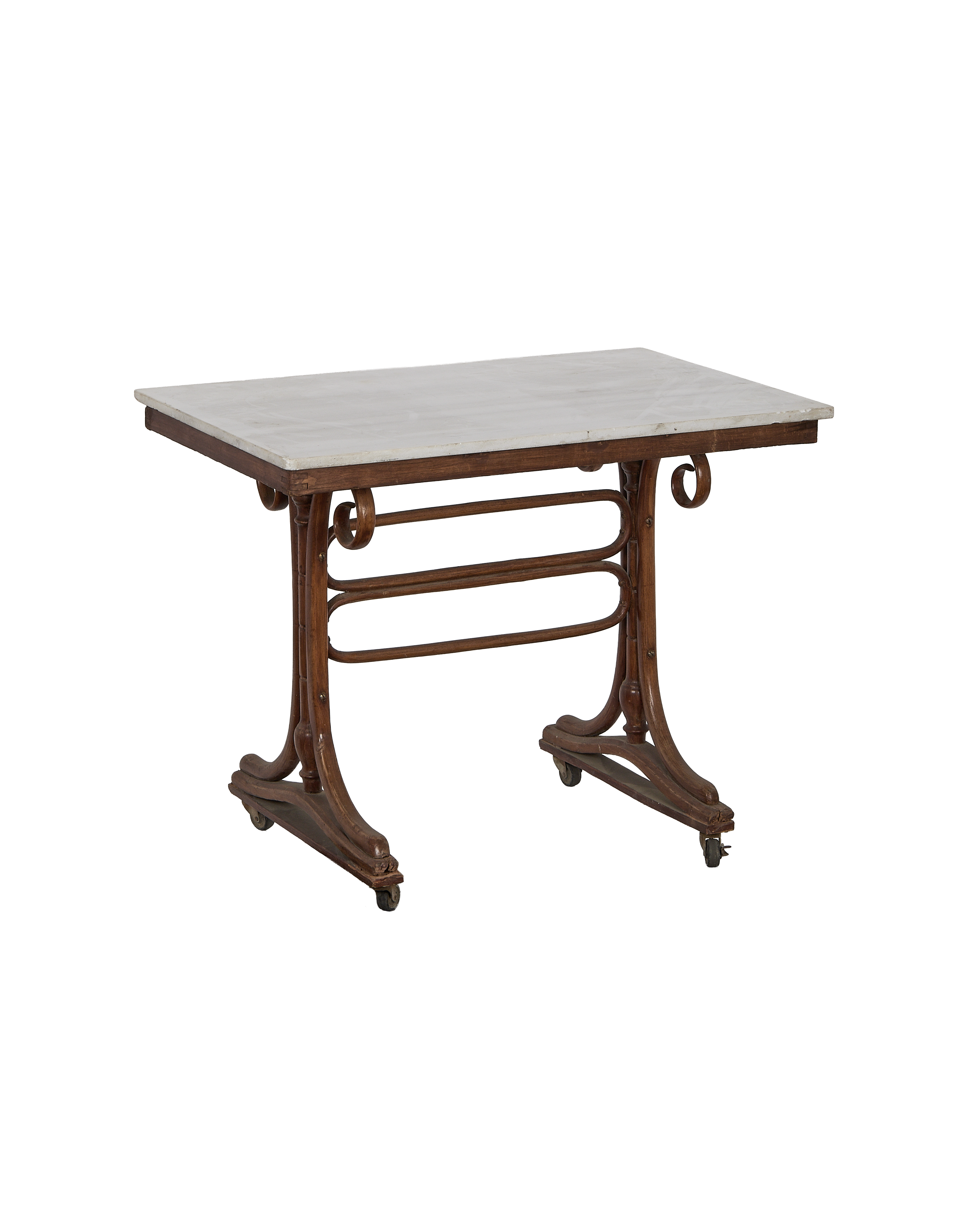 Vintage Thonet-style oak bistro table with white marble top and rolling casters.