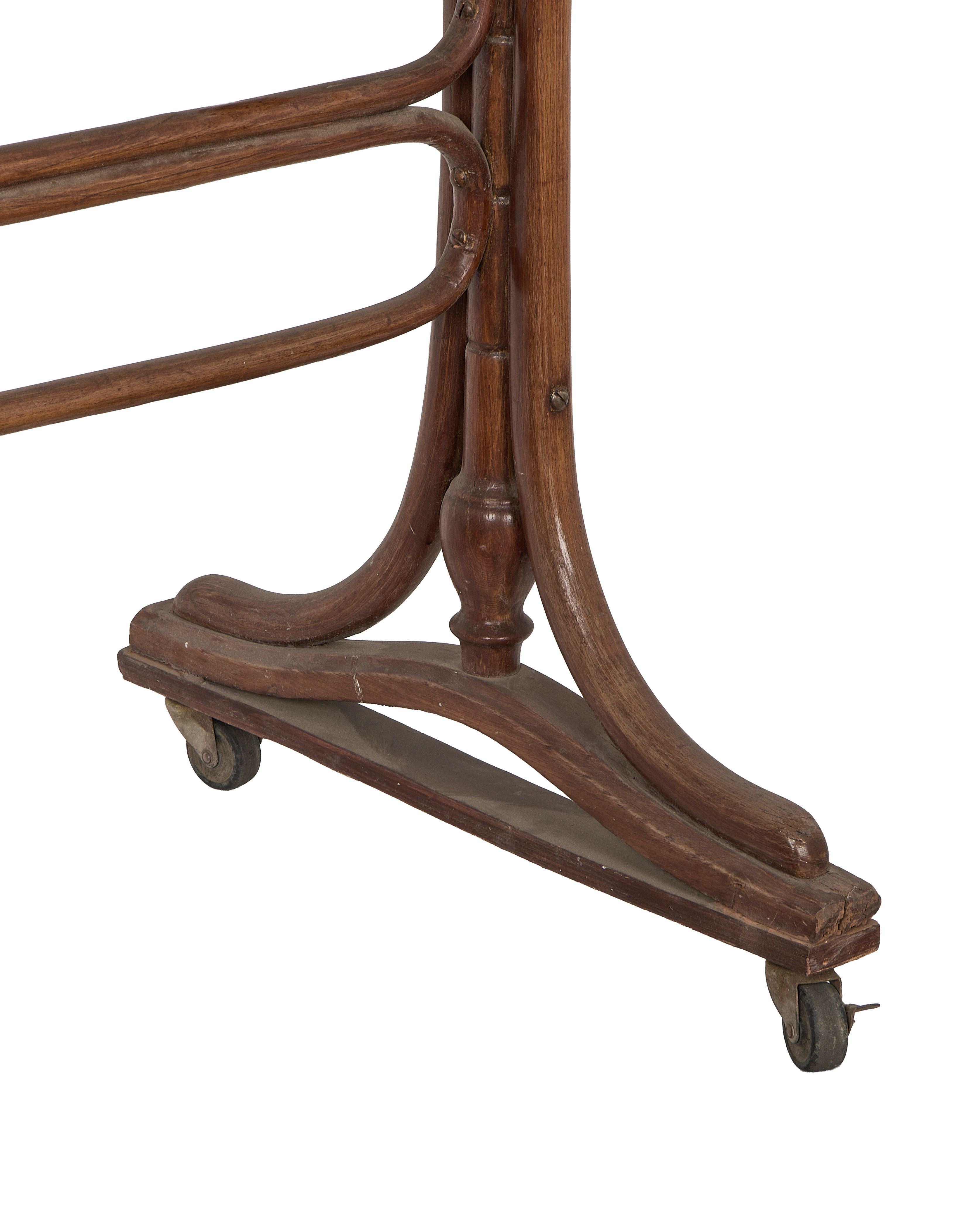 Vintage French Thonet oak table base, showing ornate spindle, bentwood frame, and original castor wheel.