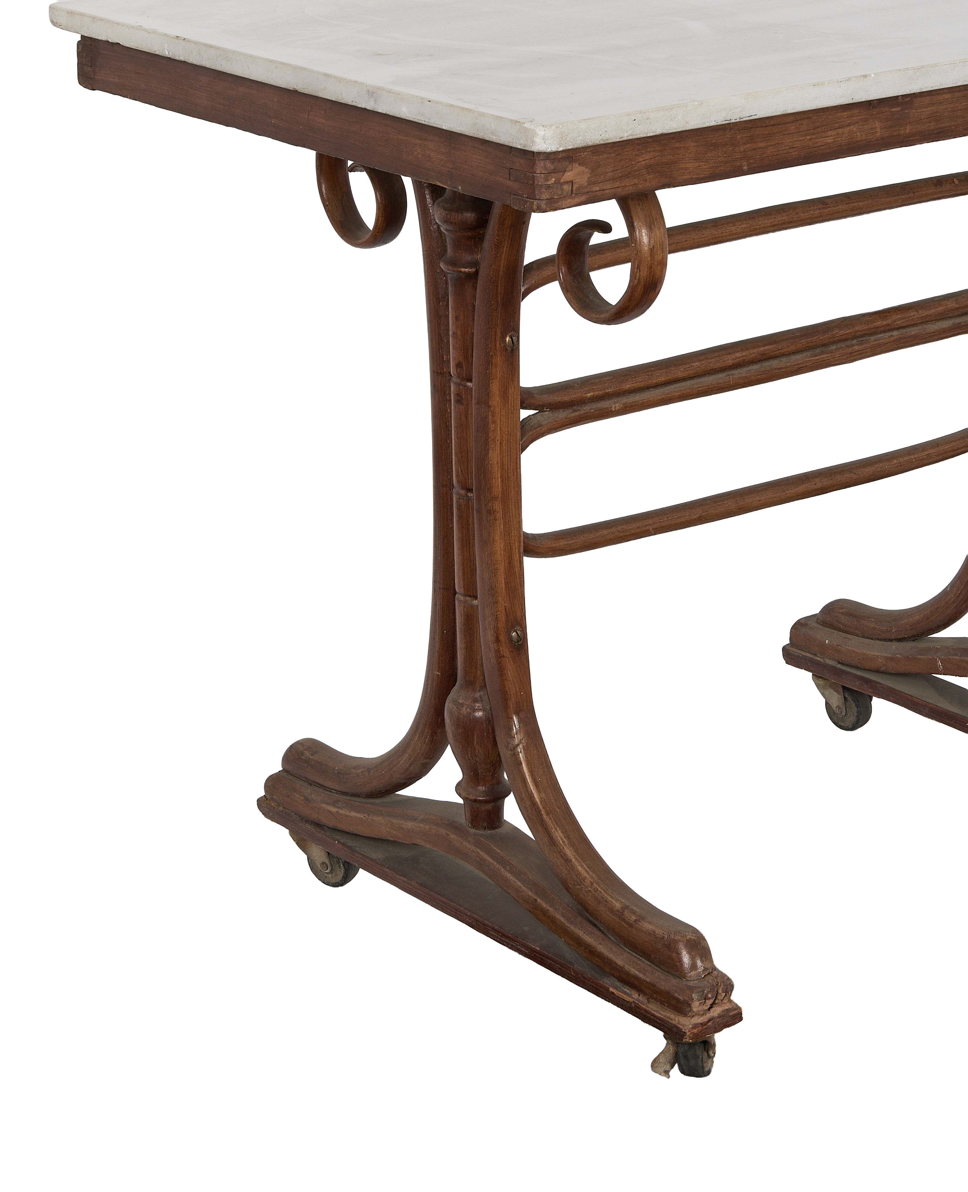 Close-up of vintage French oak Thonet bistro table base, showing casters and detailing.