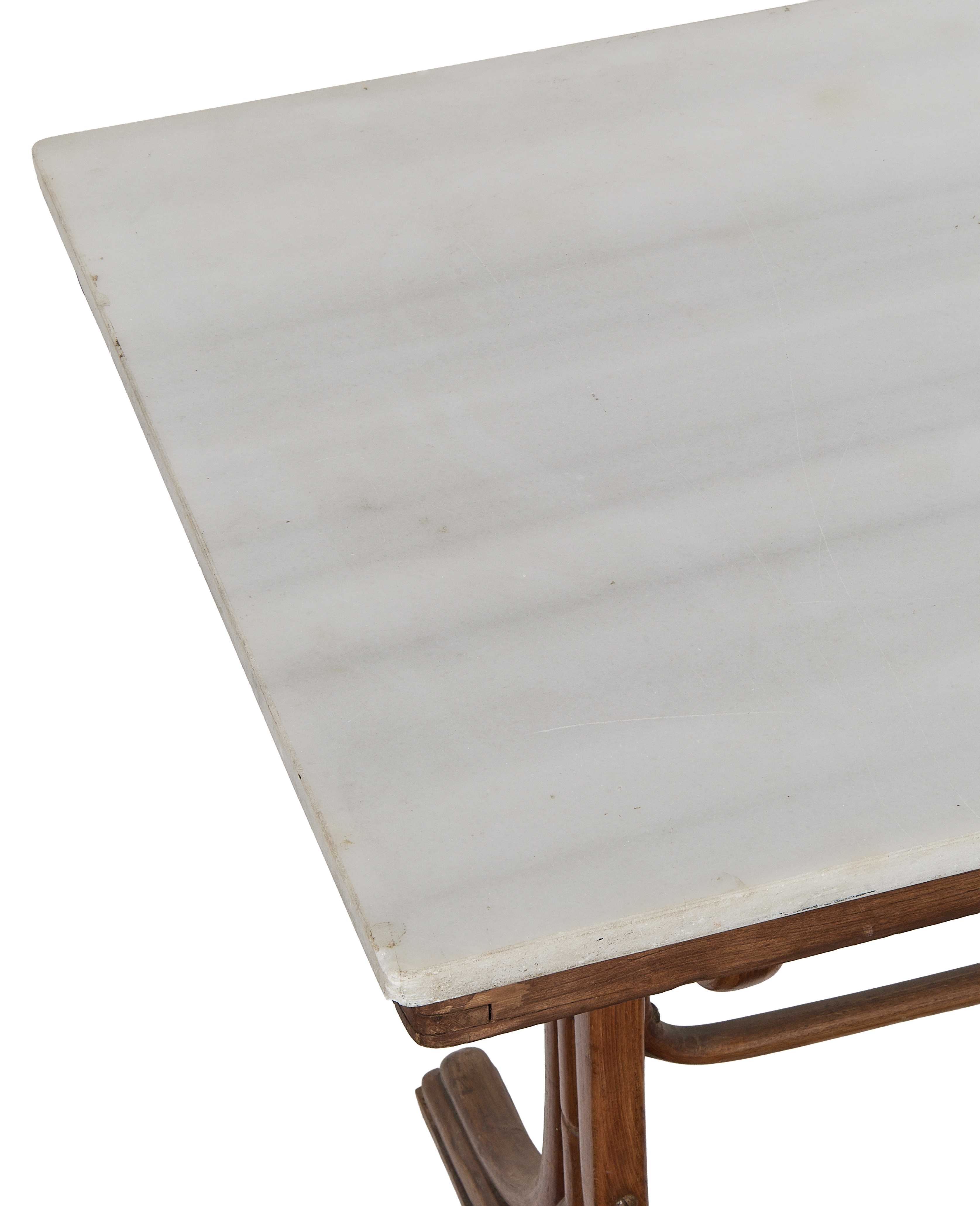 Vintage French Thonet bistro table: detailed view of white marble top and oak frame.