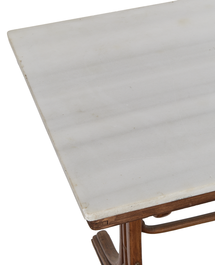 Vintage French Thonet bistro table: detailed view of white marble top and oak frame.