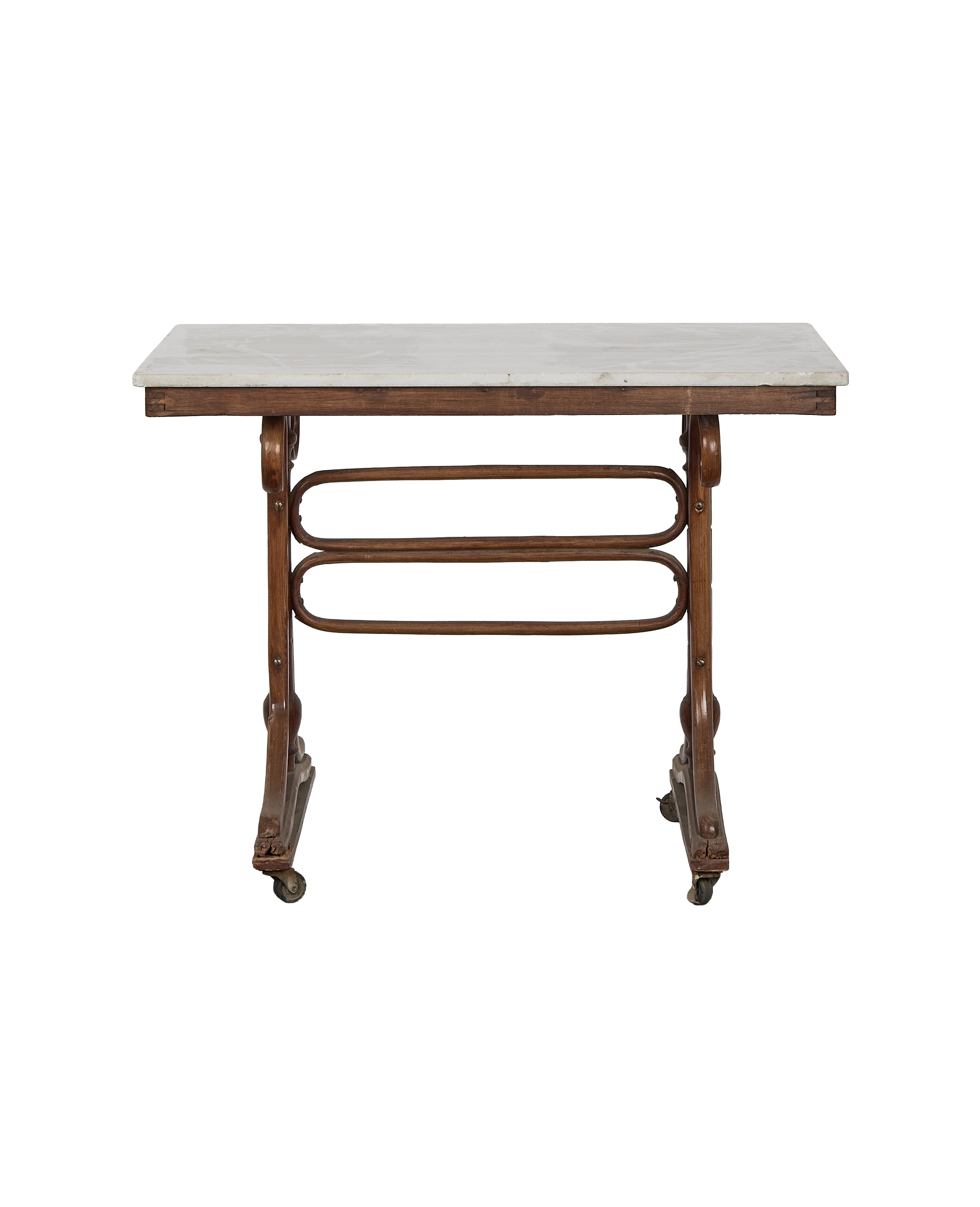 Vintage French Thonet oak rolling bistro table, marble top, detailed scrolled legs, on casters.