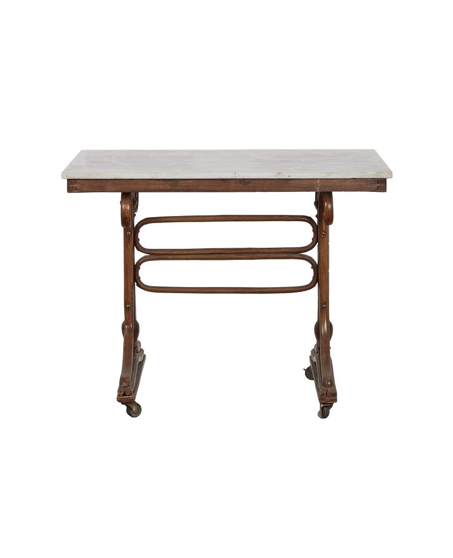 Vintage French Thonet oak rolling bistro table, marble top, detailed scrolled legs, on casters.