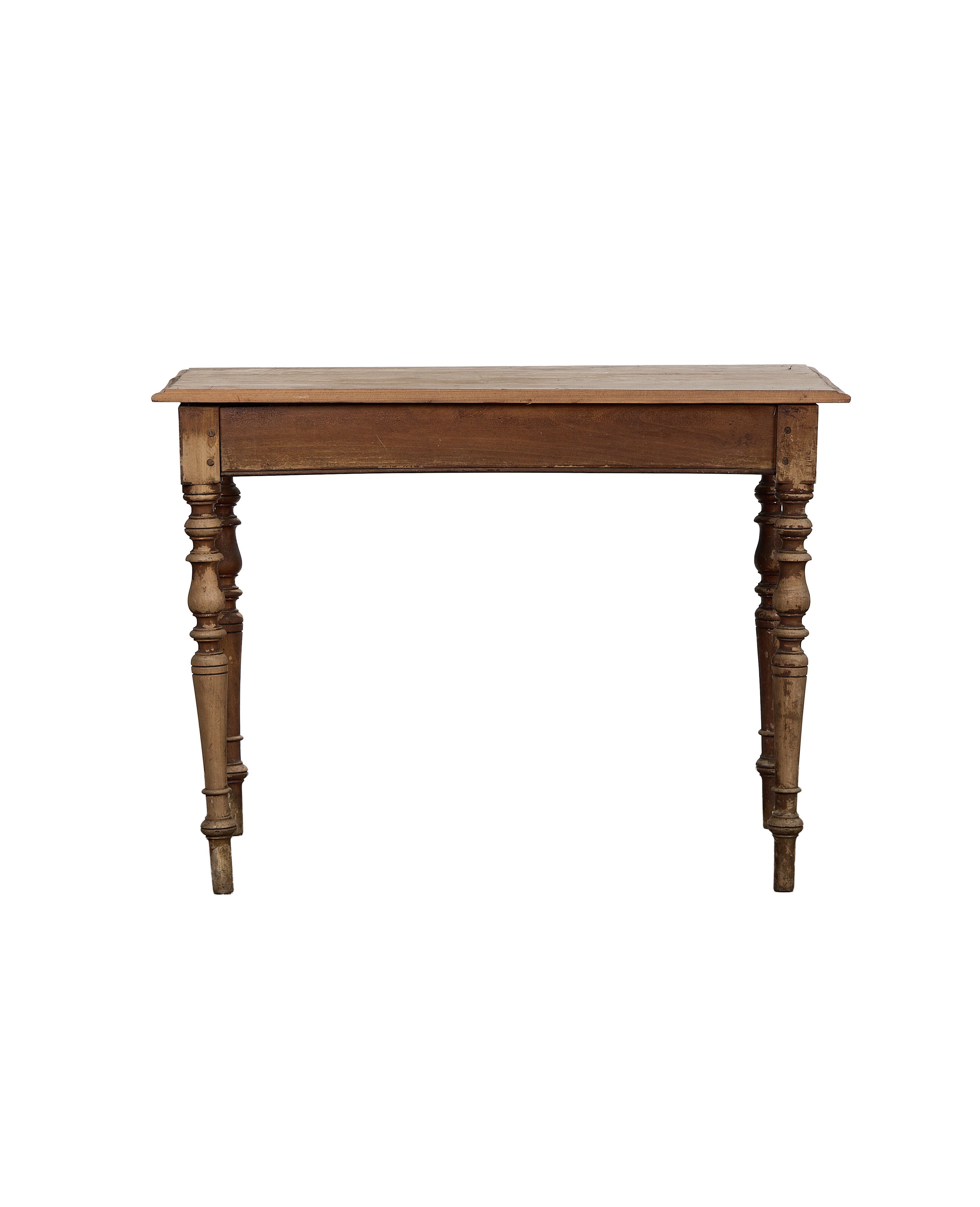 Side view: vintage French oak farm table, showing distressed finish and turned legs.