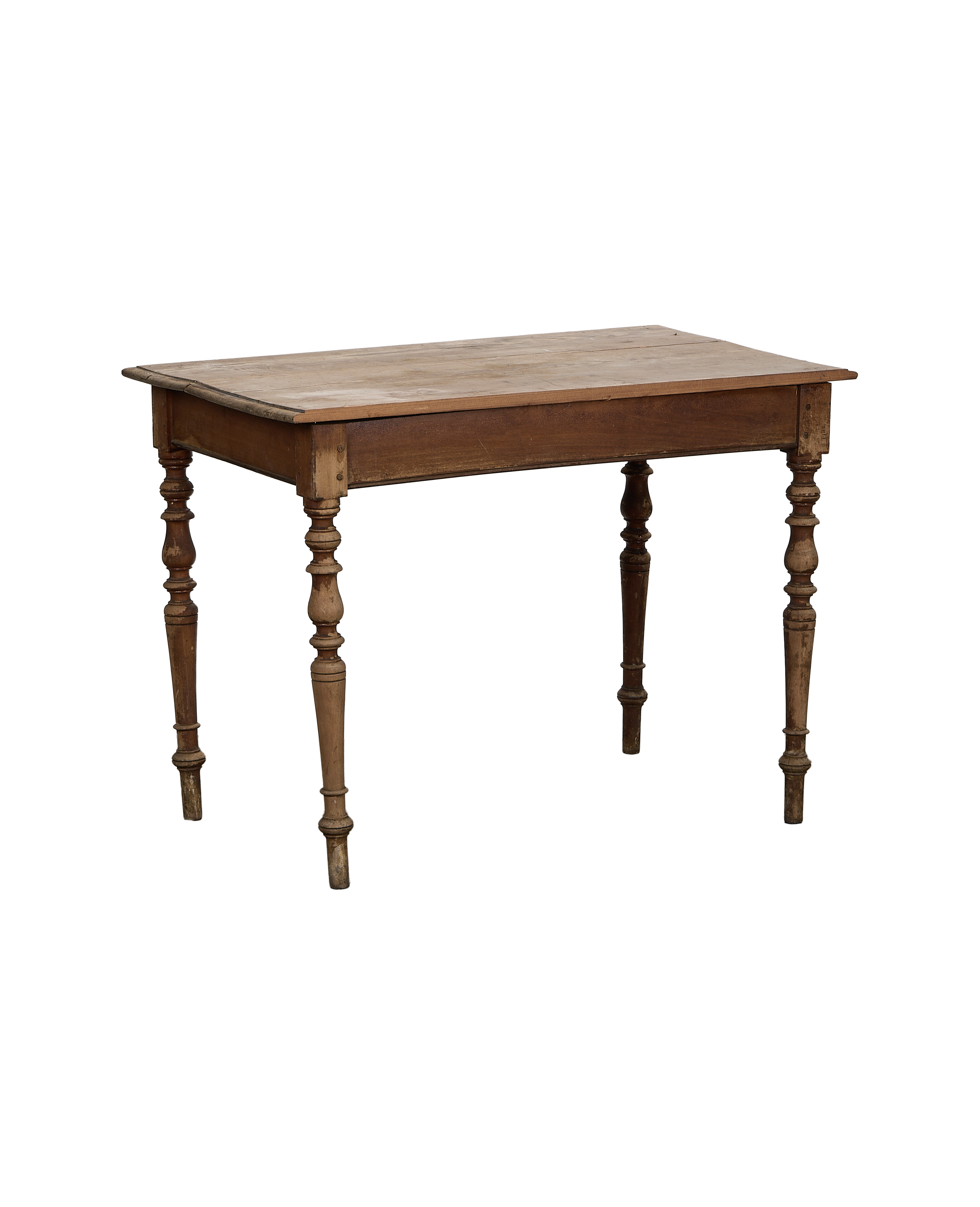 Vintage French oak farm table, light worn wood top, with turned legs.