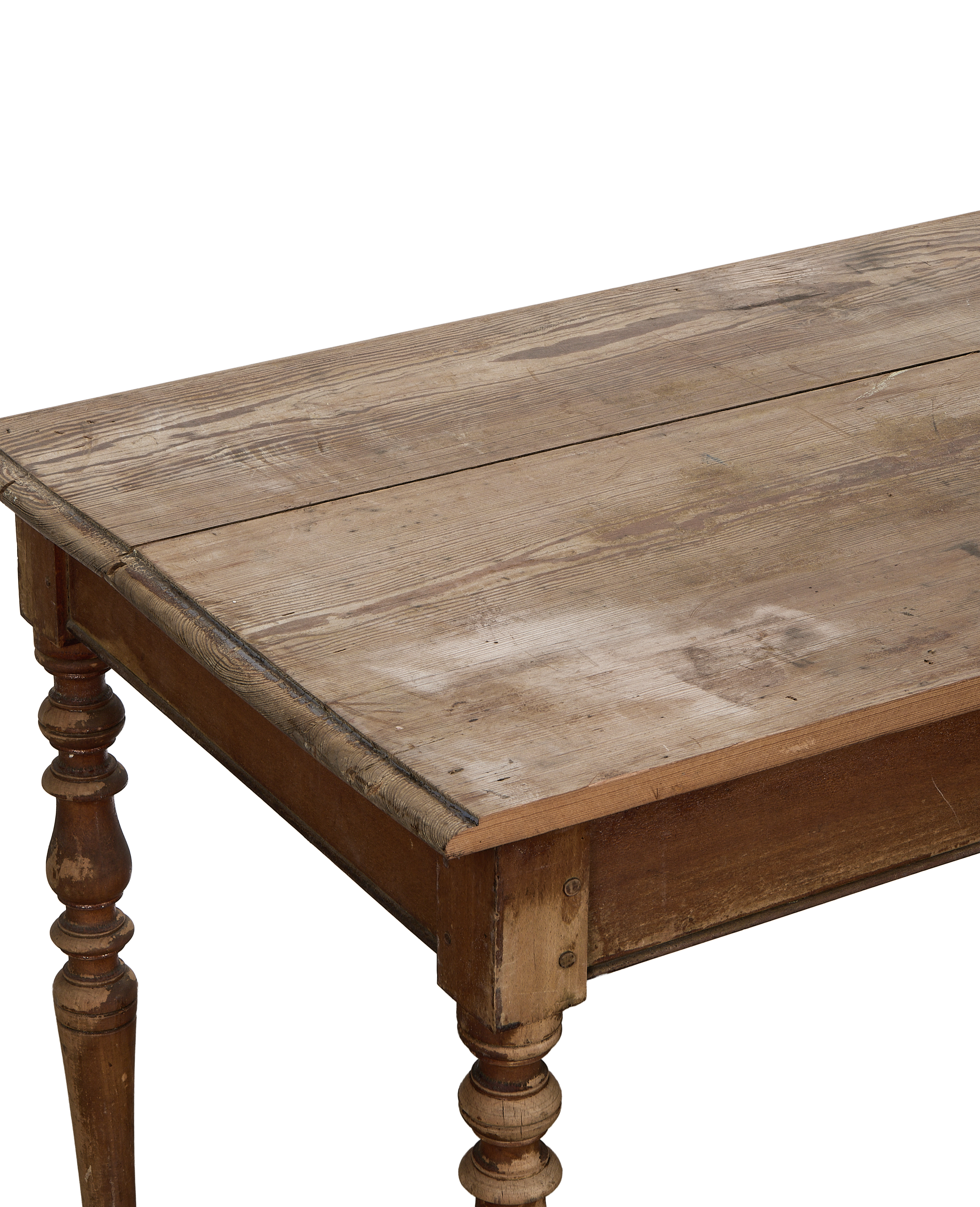 Vintage French oak farm table top showcasing natural patina and turned leg detail.