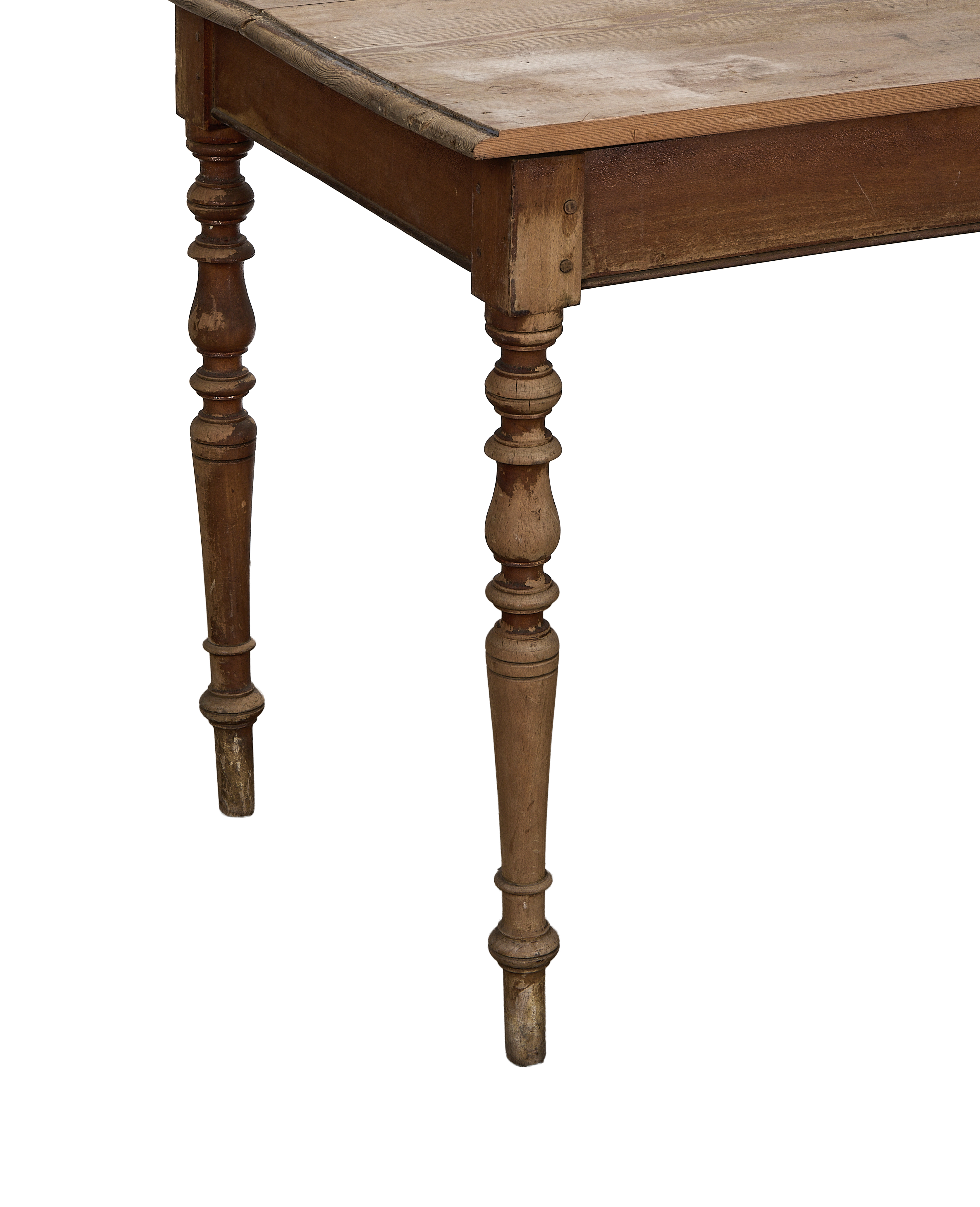 Vintage French oak farm table, worn turned legs and apron detail.