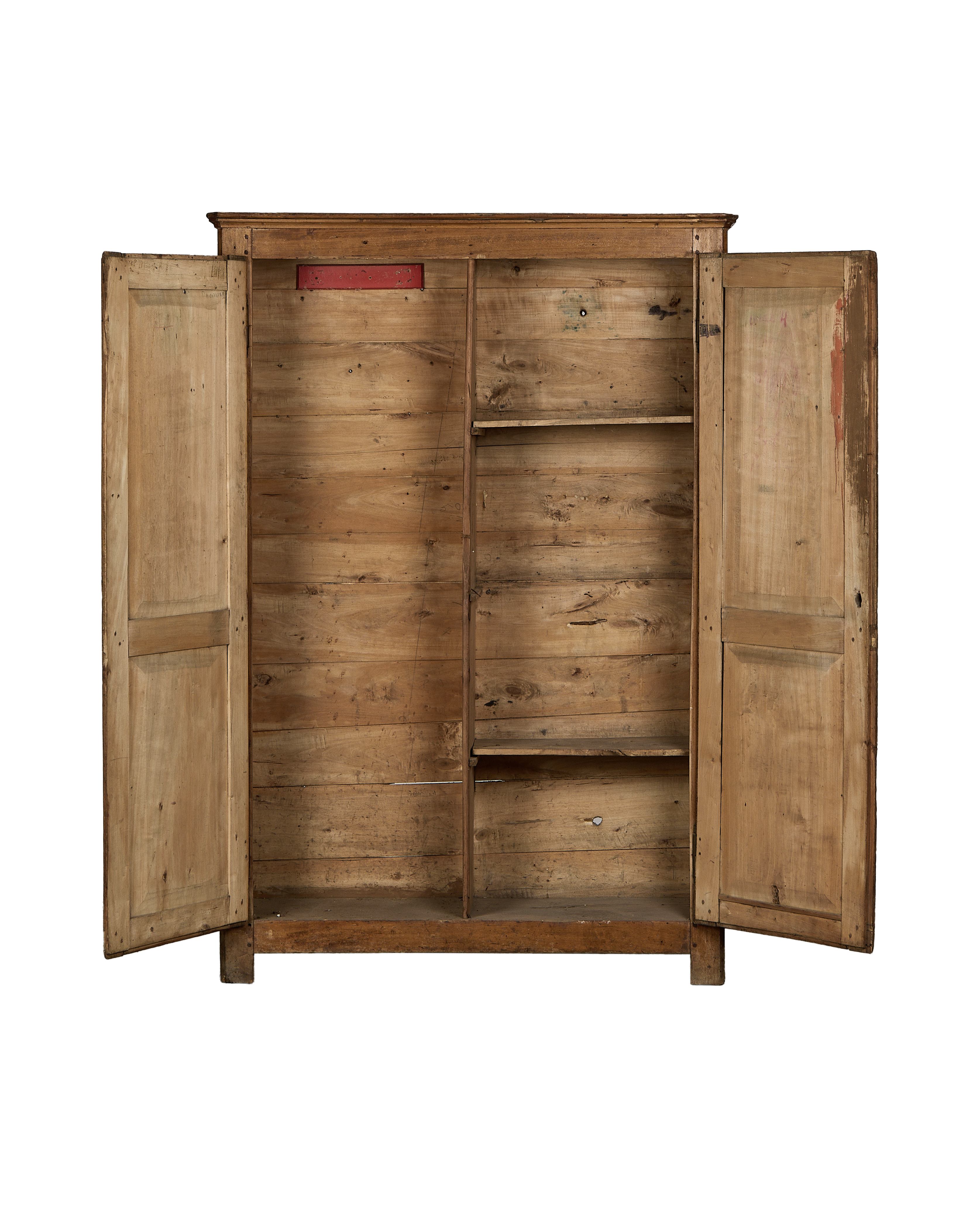 Vintage French oak changing room cabinet, doors open revealing rustic distressed interior shelves.