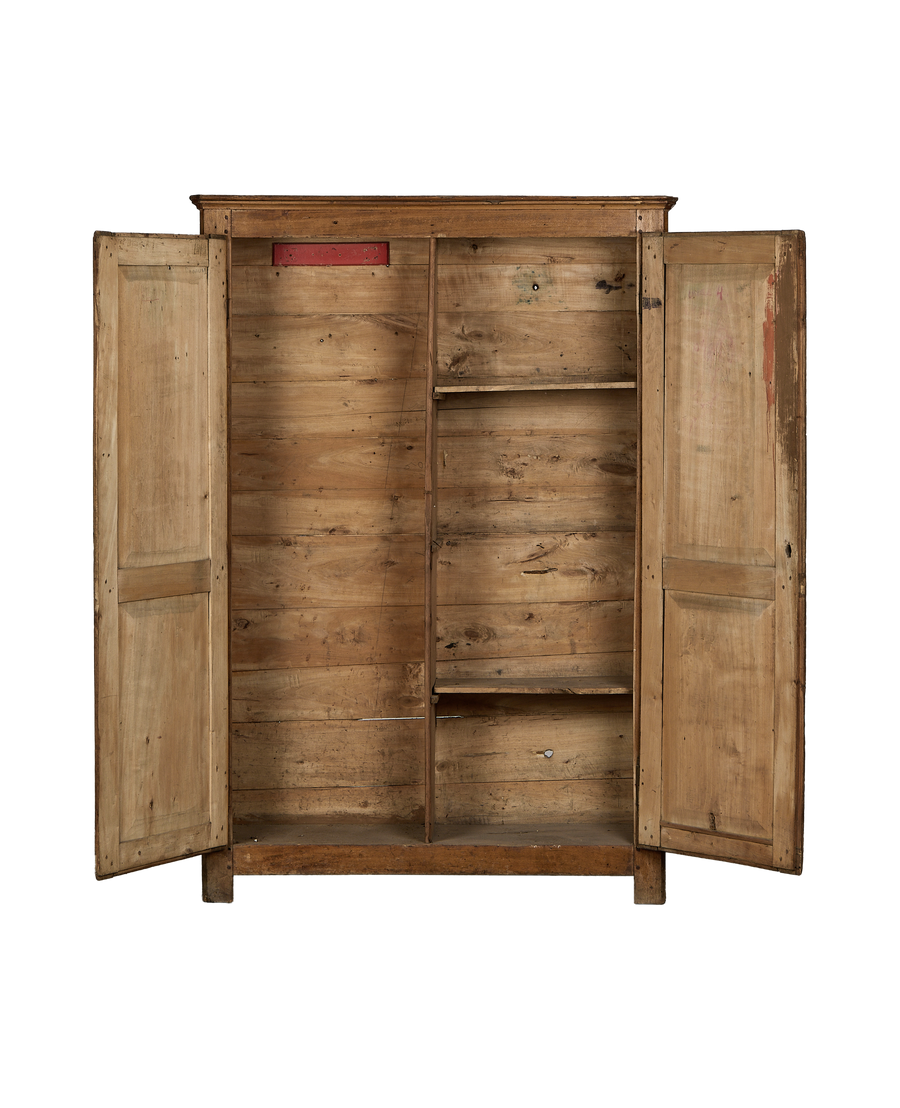 Vintage French oak changing room cabinet, doors open revealing rustic distressed interior shelves.