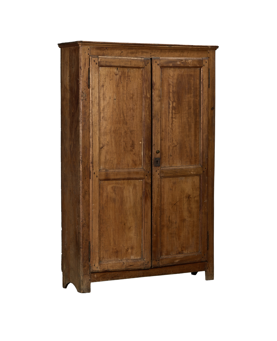 Vintage French oak cabinet with closed doors and distressed patinated finish.
