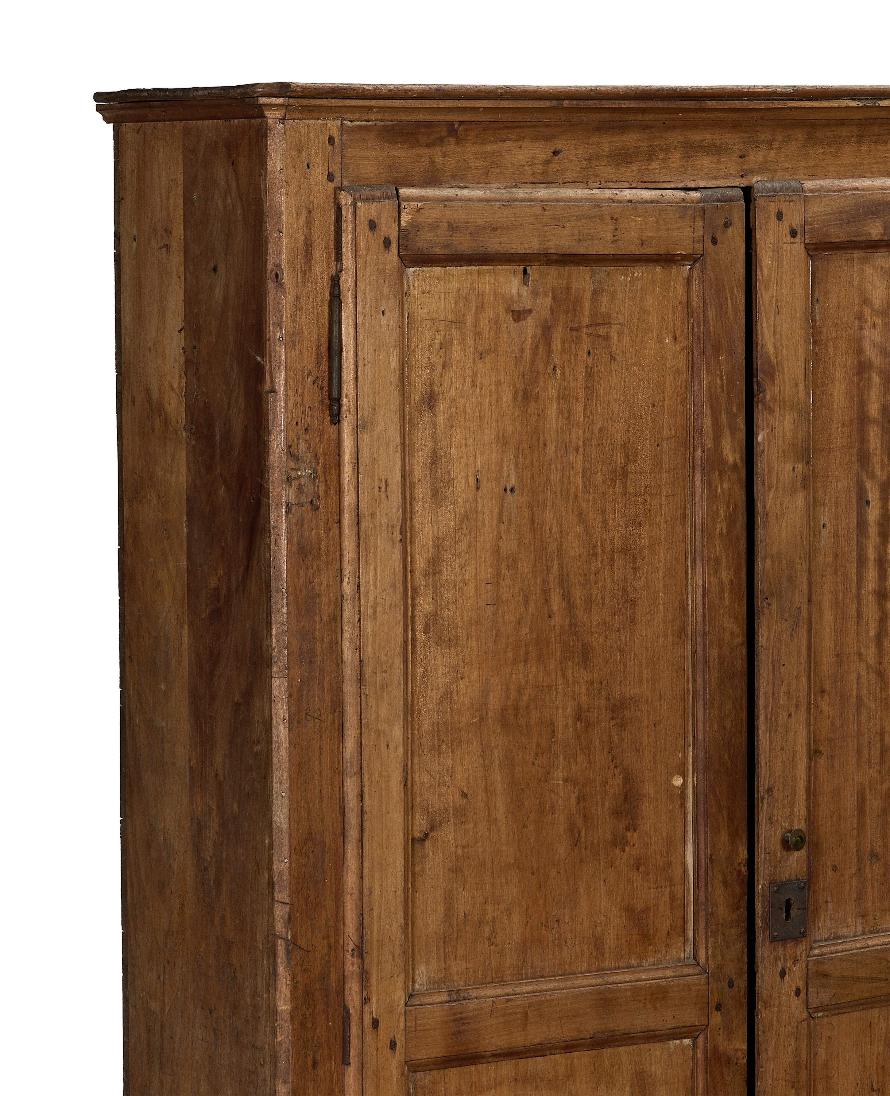 Vintage French oak changing room cabinet, close-up showing panel details and distressed finish.