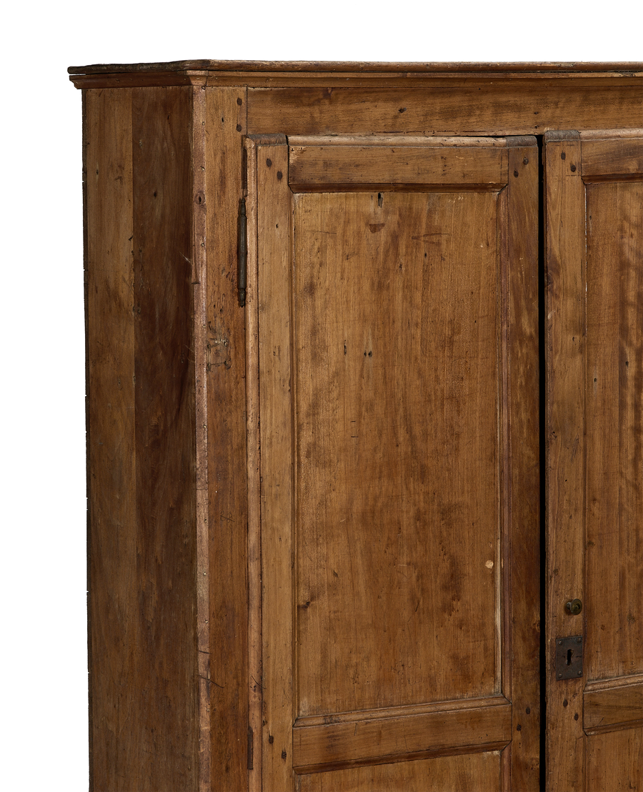 Vintage French oak changing room cabinet, close-up showing panel details and distressed finish.