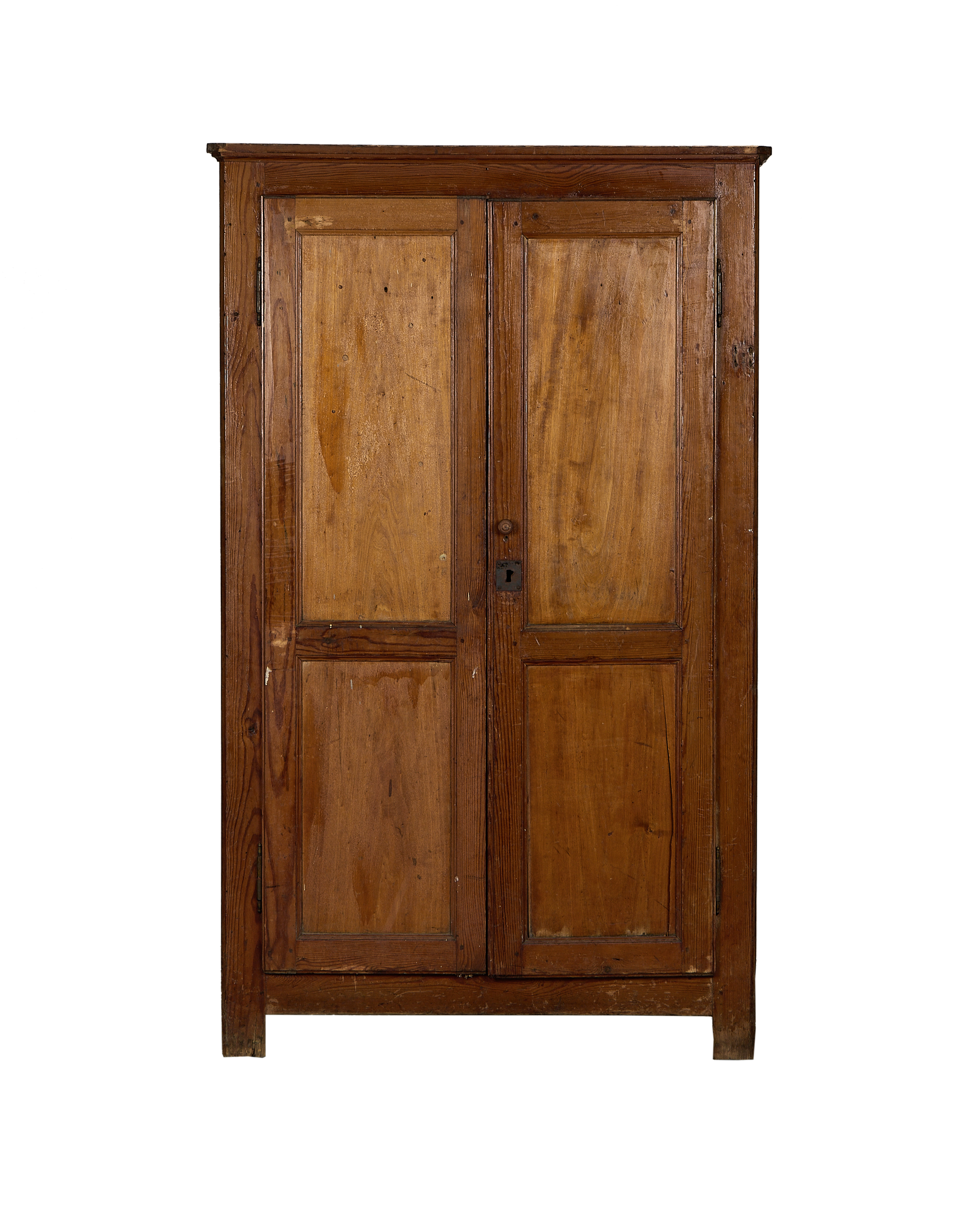 Vintage French oak changing room cabinet, two paneled doors, distressed warm brown finish.