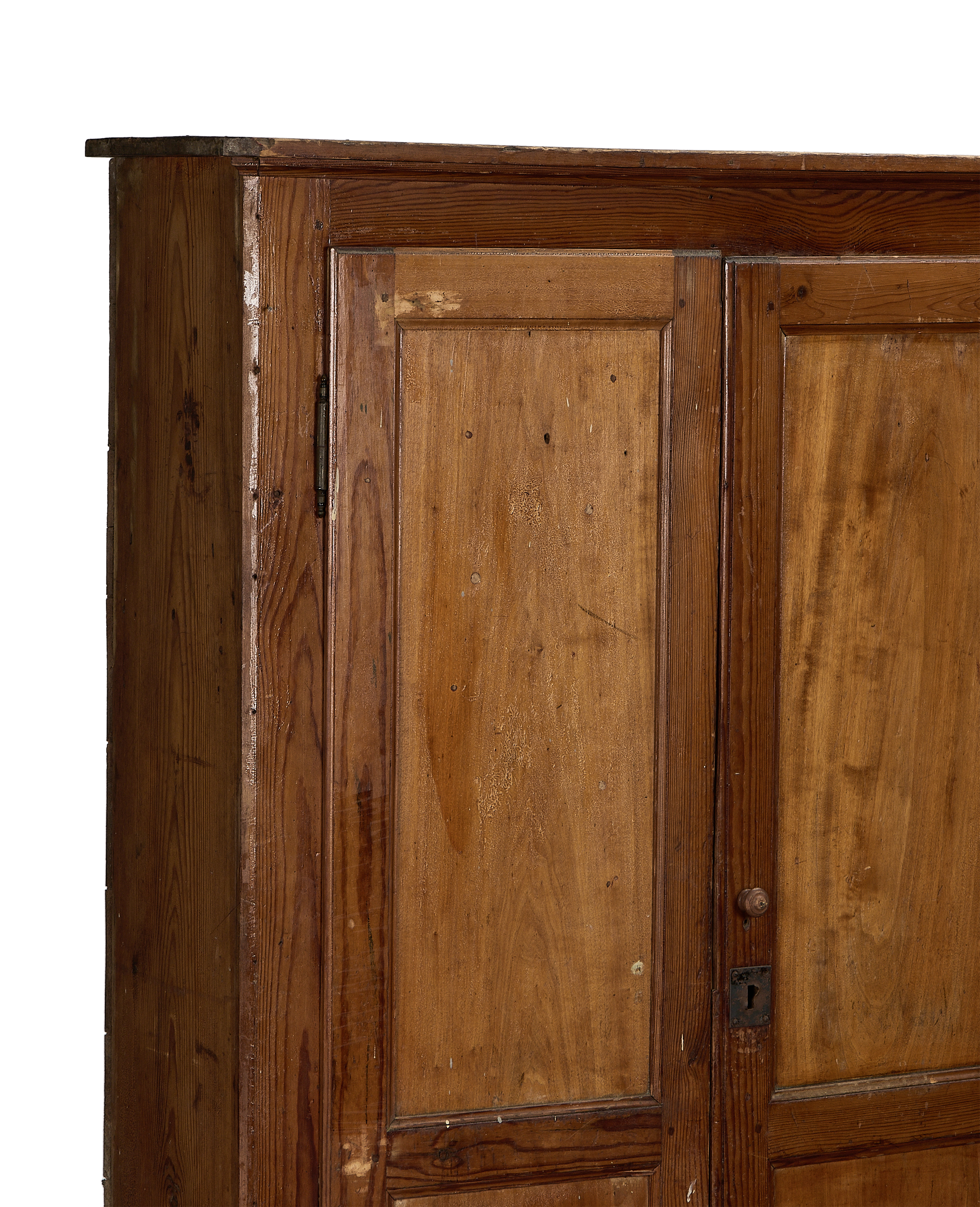 Vintage French oak changing room cabinet with paneled door and rustic hardware detail.