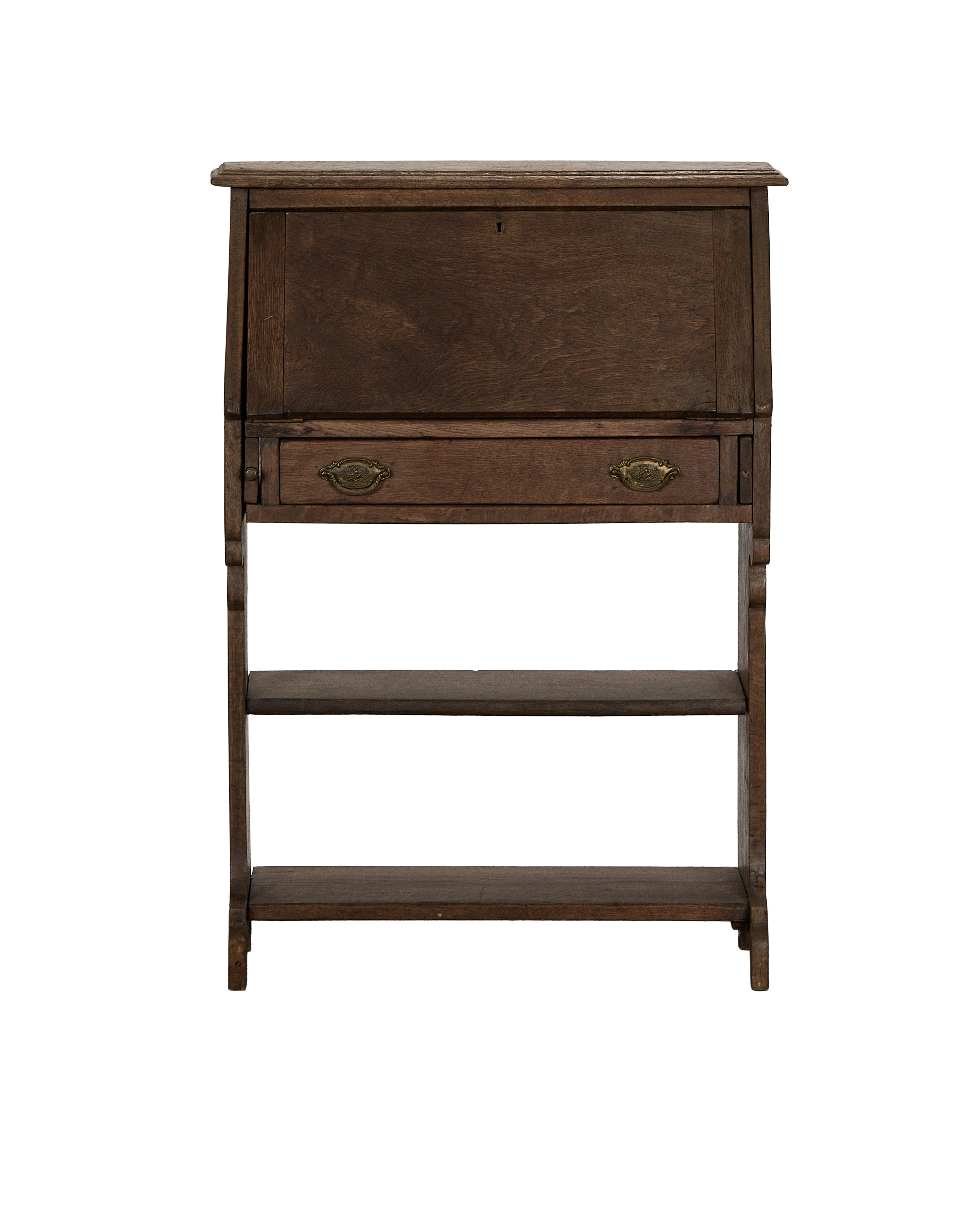 Vintage French oak secretary desk (closed) with drop-front, drawer, and shelves.