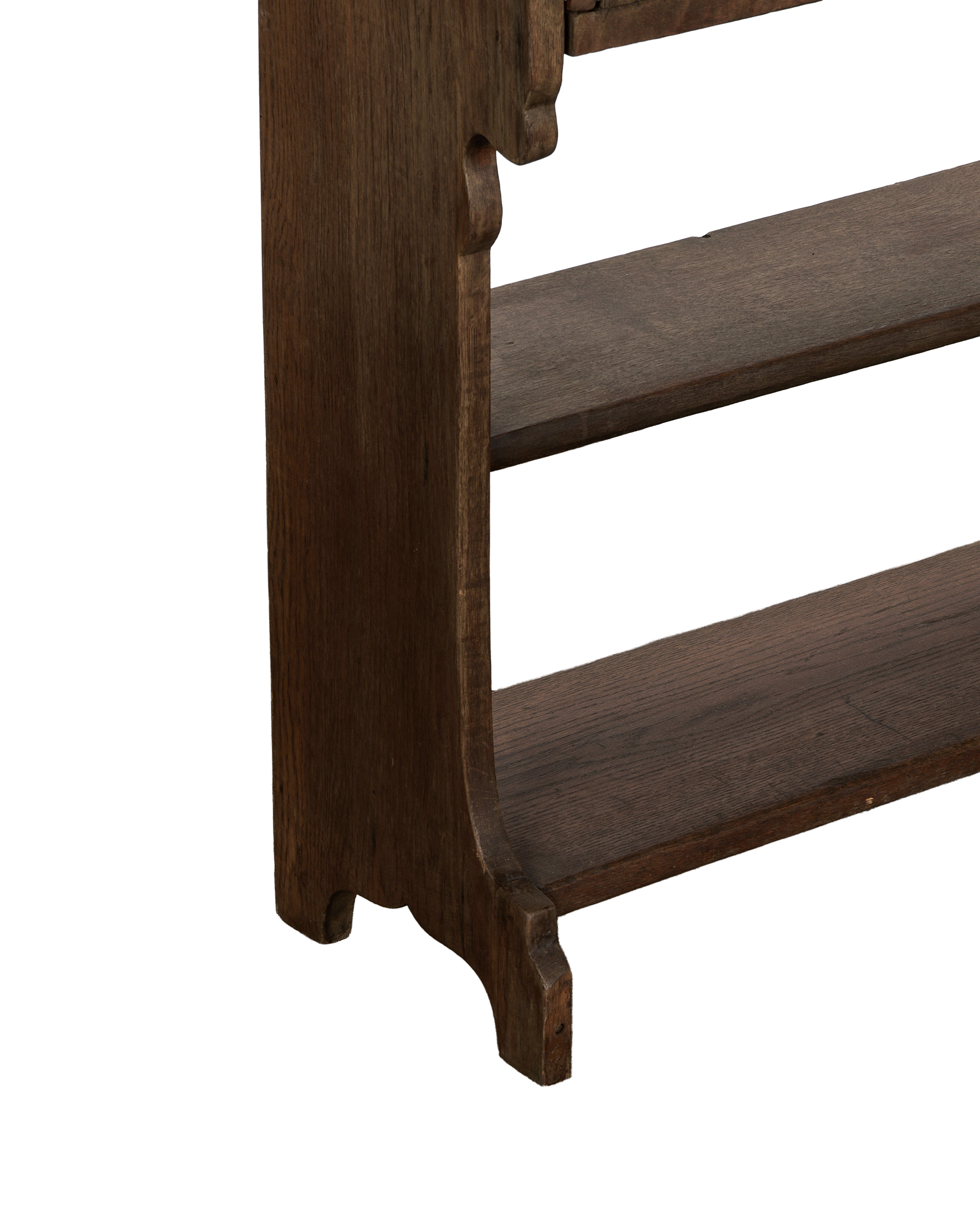 Vintage French oak secretary cabinet desk, close-up of side support and shelf.