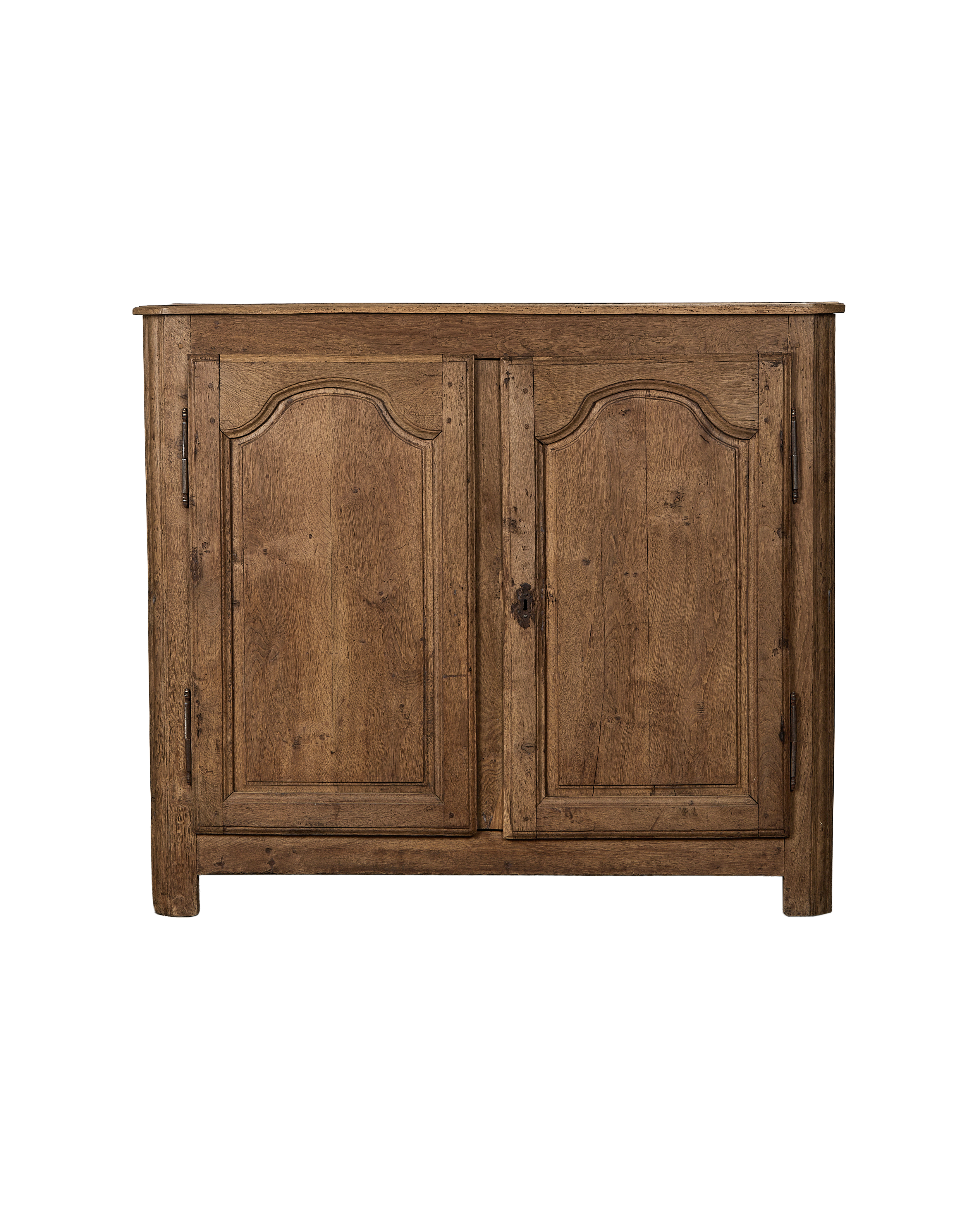 Vintage French oak sideboard, natural wood, with two curved panel doors and dark hardware.