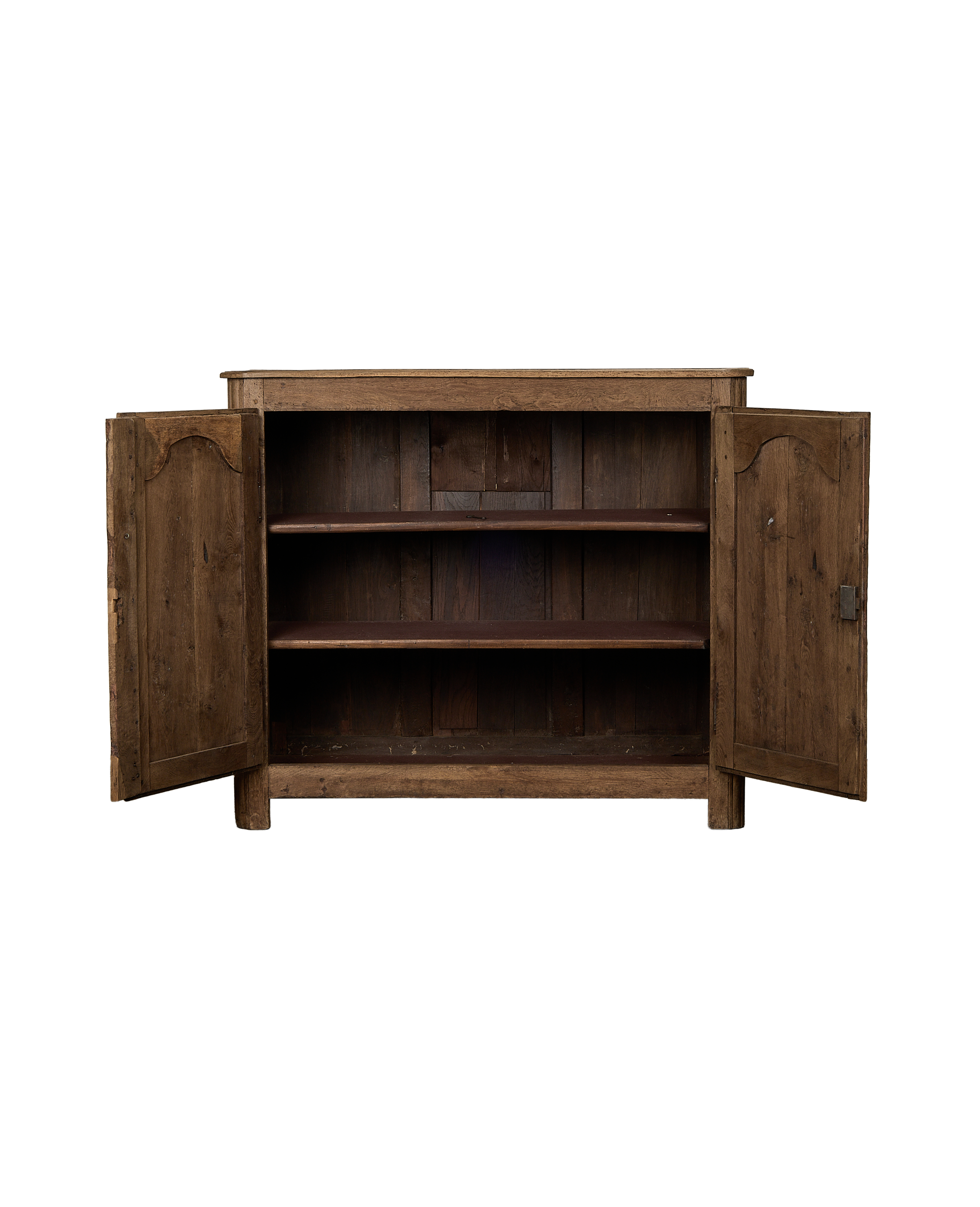 Vintage French oak sideboard cabinet, open doors revealing three interior shelves.