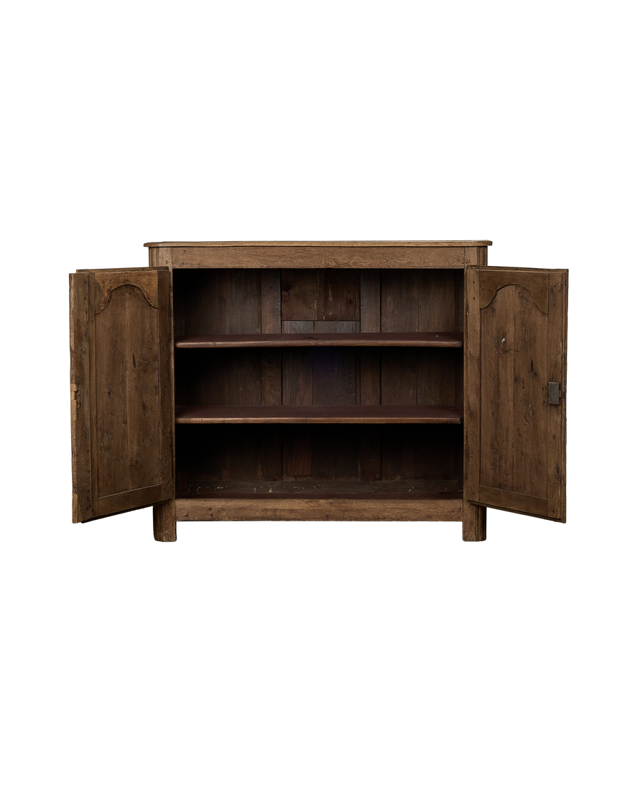 Vintage French oak sideboard cabinet, open doors revealing three interior shelves.